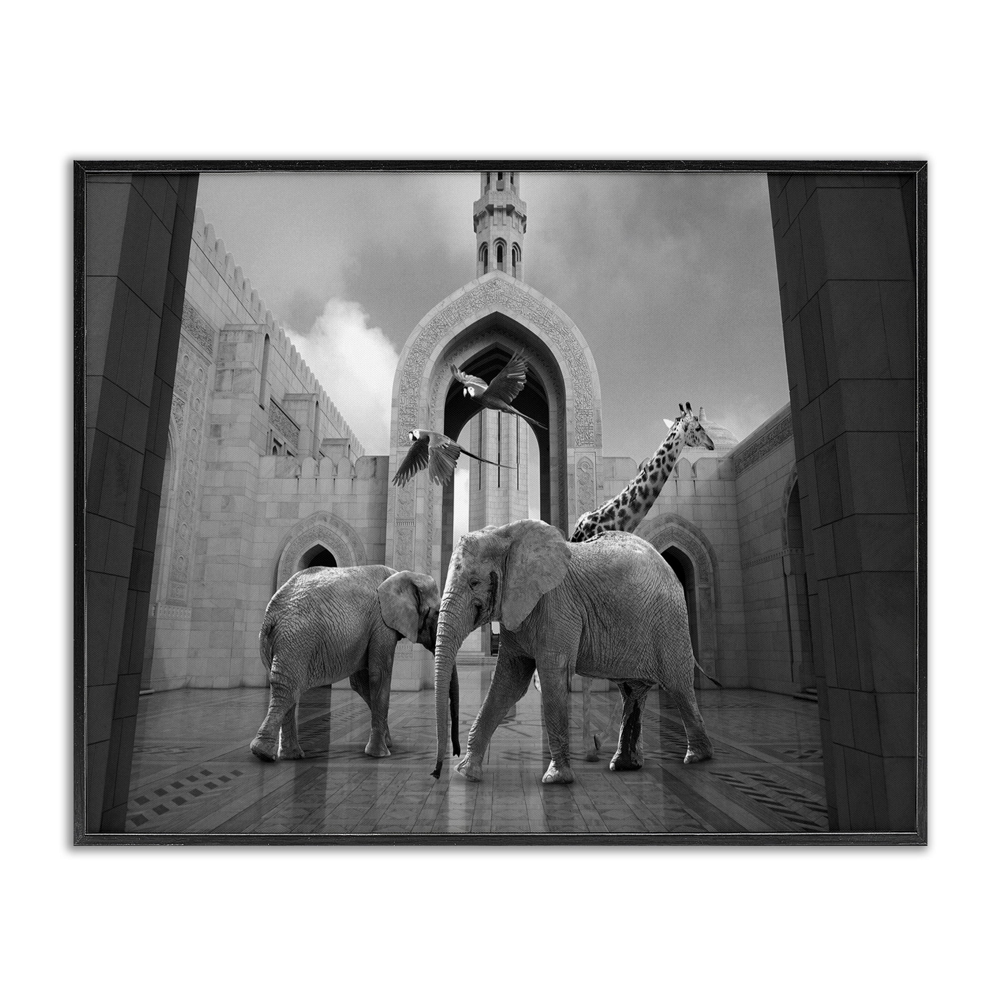 Stupell Industries Safari Animals In Arabesque Architecture Parrots Elephants Giraffe Framed Wall Art Design by Ziwei Li, 16" x 20", Black Framed
