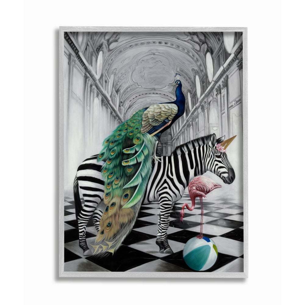Stupell Industries Safari Animals in Classic Architecture Funny Zebra Birds Framed Wall Art Design by Urban Road, 16" x 20", Gray Framed