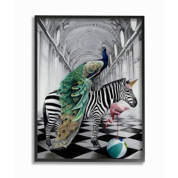 Stupell Industries Safari Animals in Classic Architecture Funny Zebra Birds Framed Wall Art Design by Urban Road, 24" x 30", Black Framed