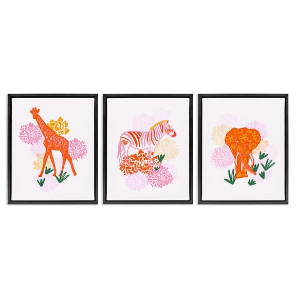 Stupell Industries Safari Jungle Animal Trio 3 Piece Black Framed Floater Canvas Set design by Dina Riddle, 21 x 17
