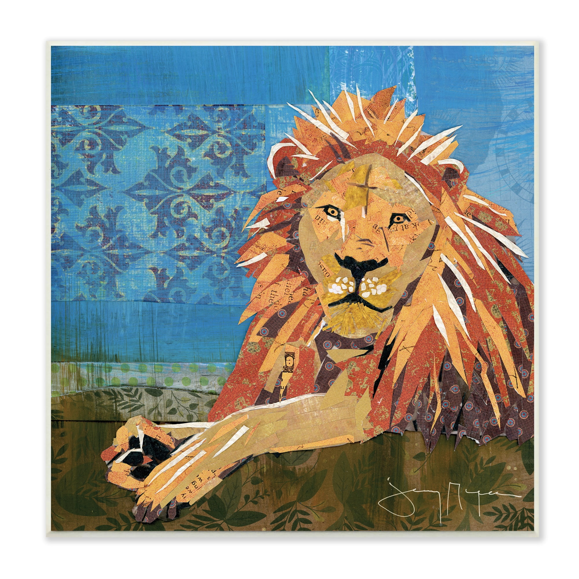 Stupell Industries Safari Lion Abstract Shape Collage Blue Orange Graphic Art Unframed Art Print Wall Art, 12x12, by Jenny McGee