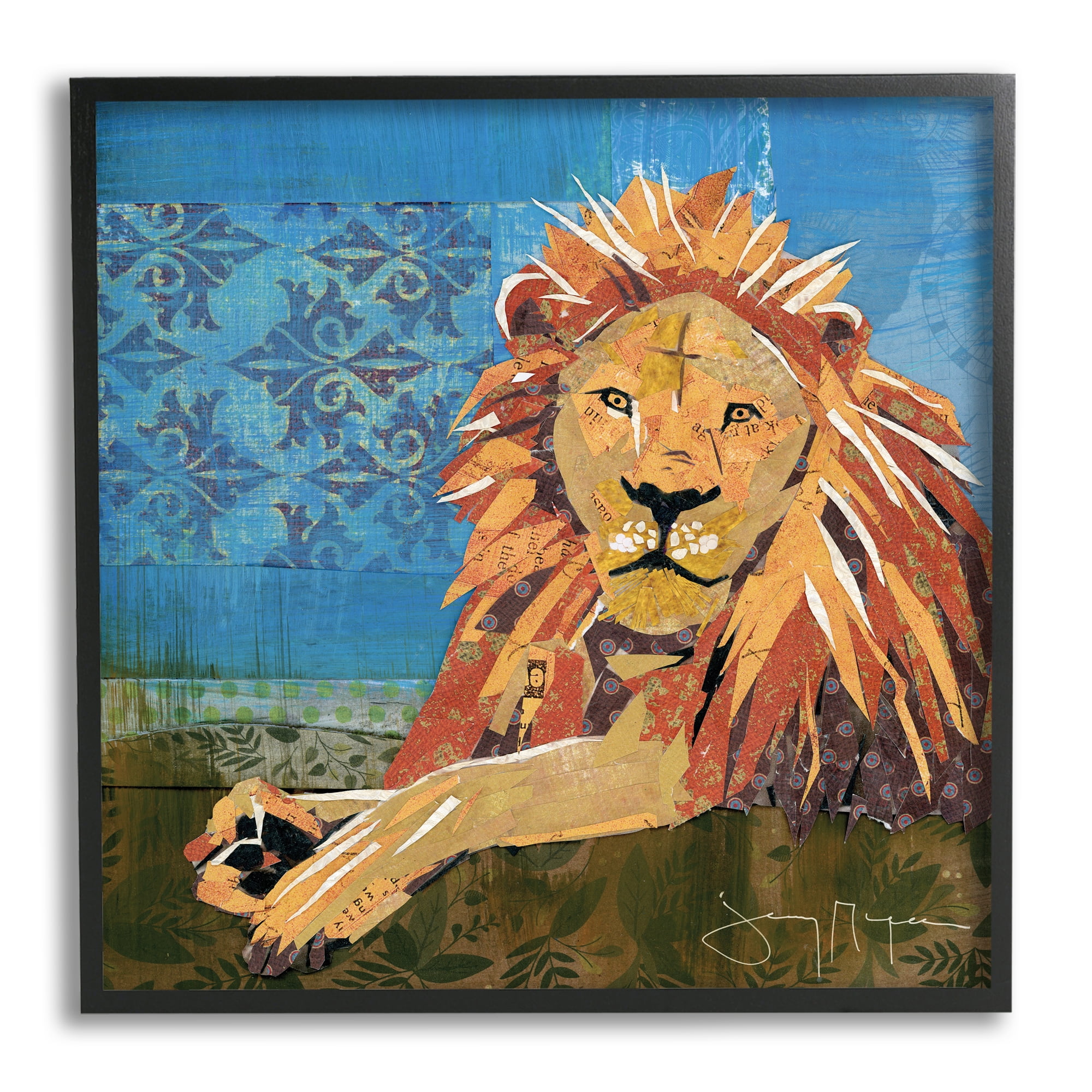 Stupell Industries Safari Lion Abstract Shape Collage Blue Orange Modern Painting Black Framed Art Print Wall Art, 24 x 24, Design by Jenny McGee