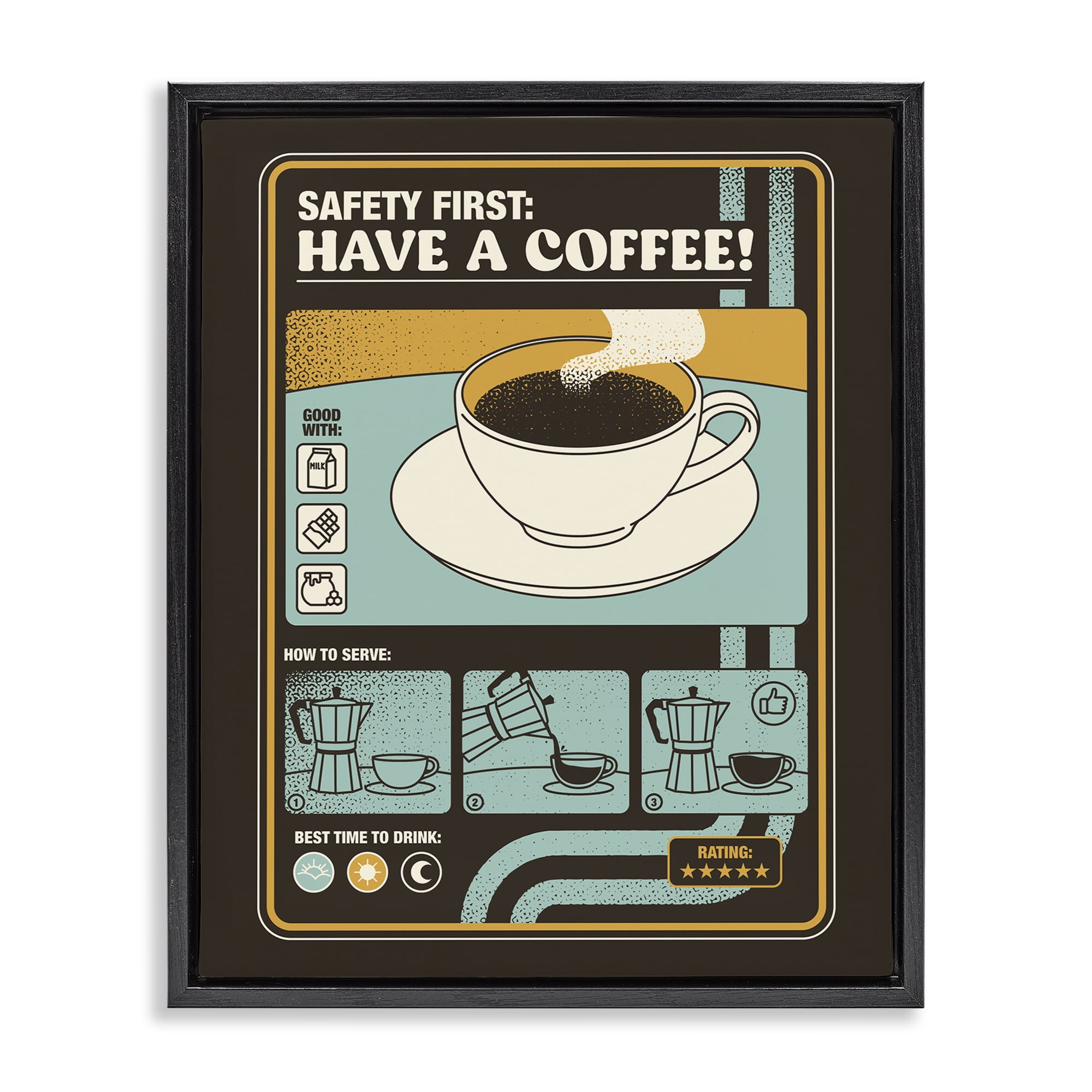 Stupell Industries Safety First Have A Coffee Black Framed Floater Canvas Wall Art, design by Tobe Fonseca