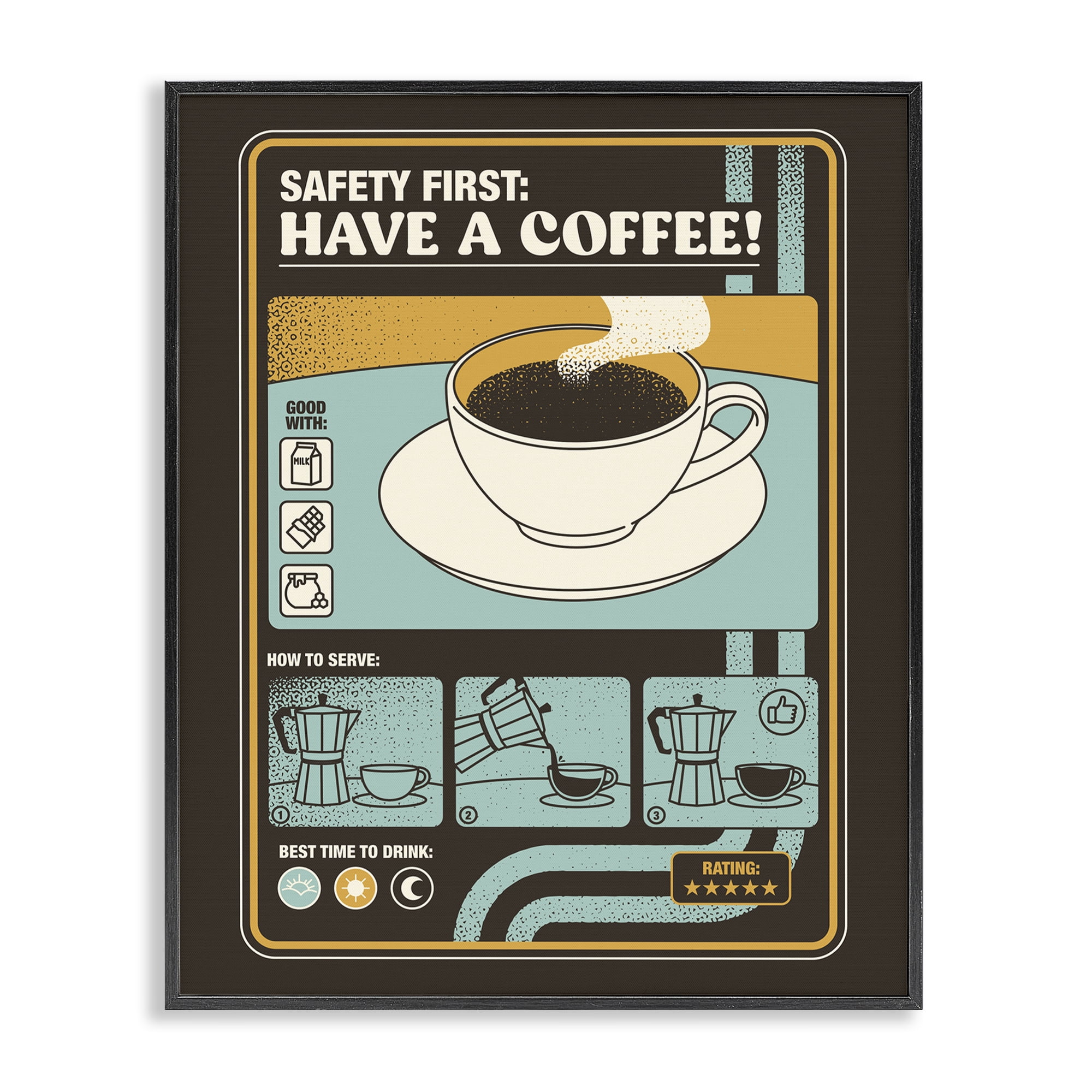 Stupell Industries Safety First Have A Coffee Black Framed Giclee Art, design by Tobe Fonseca