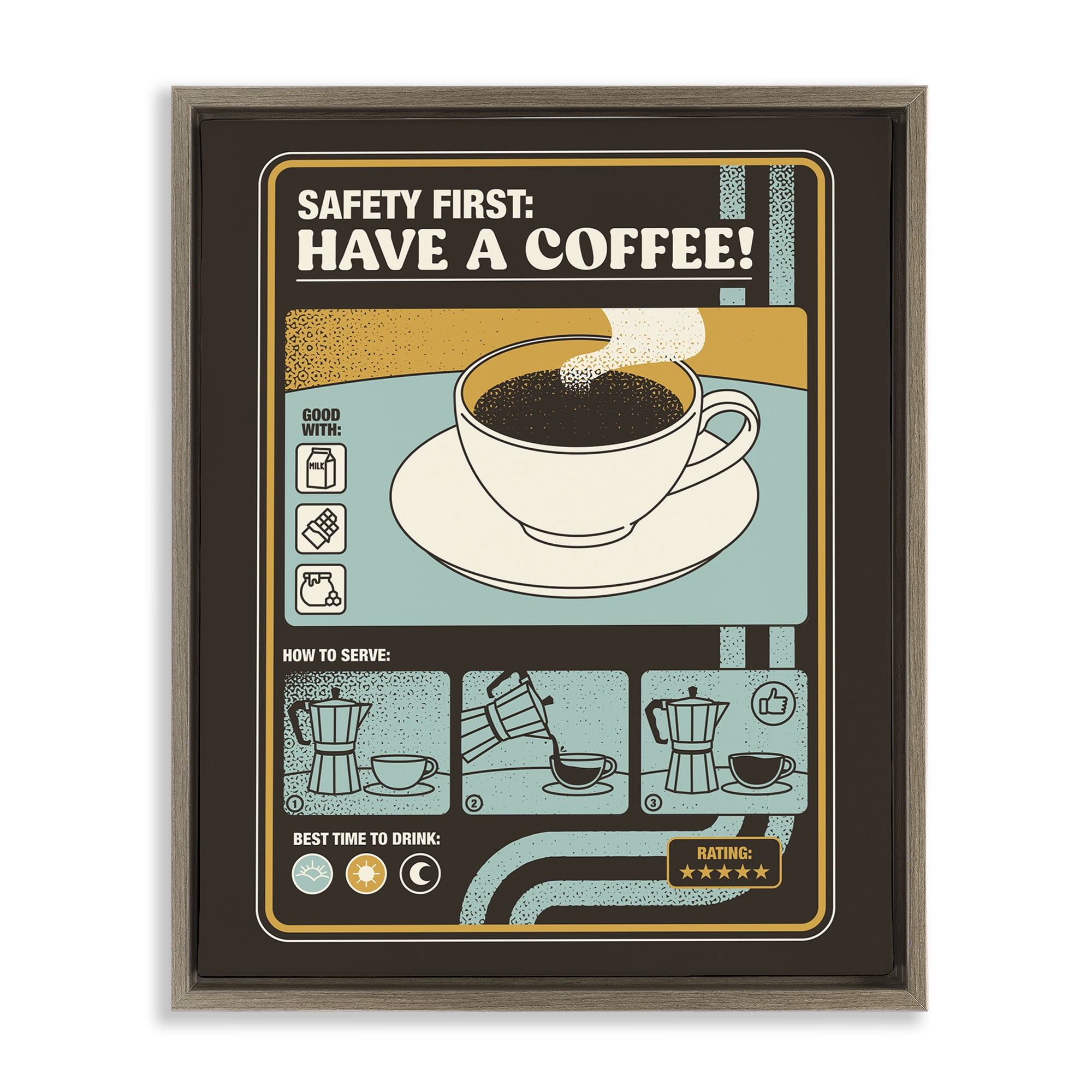 Stupell Industries Safety First Have A Coffee Brown Framed Floater Canvas Wall Art, design by Tobe Fonseca