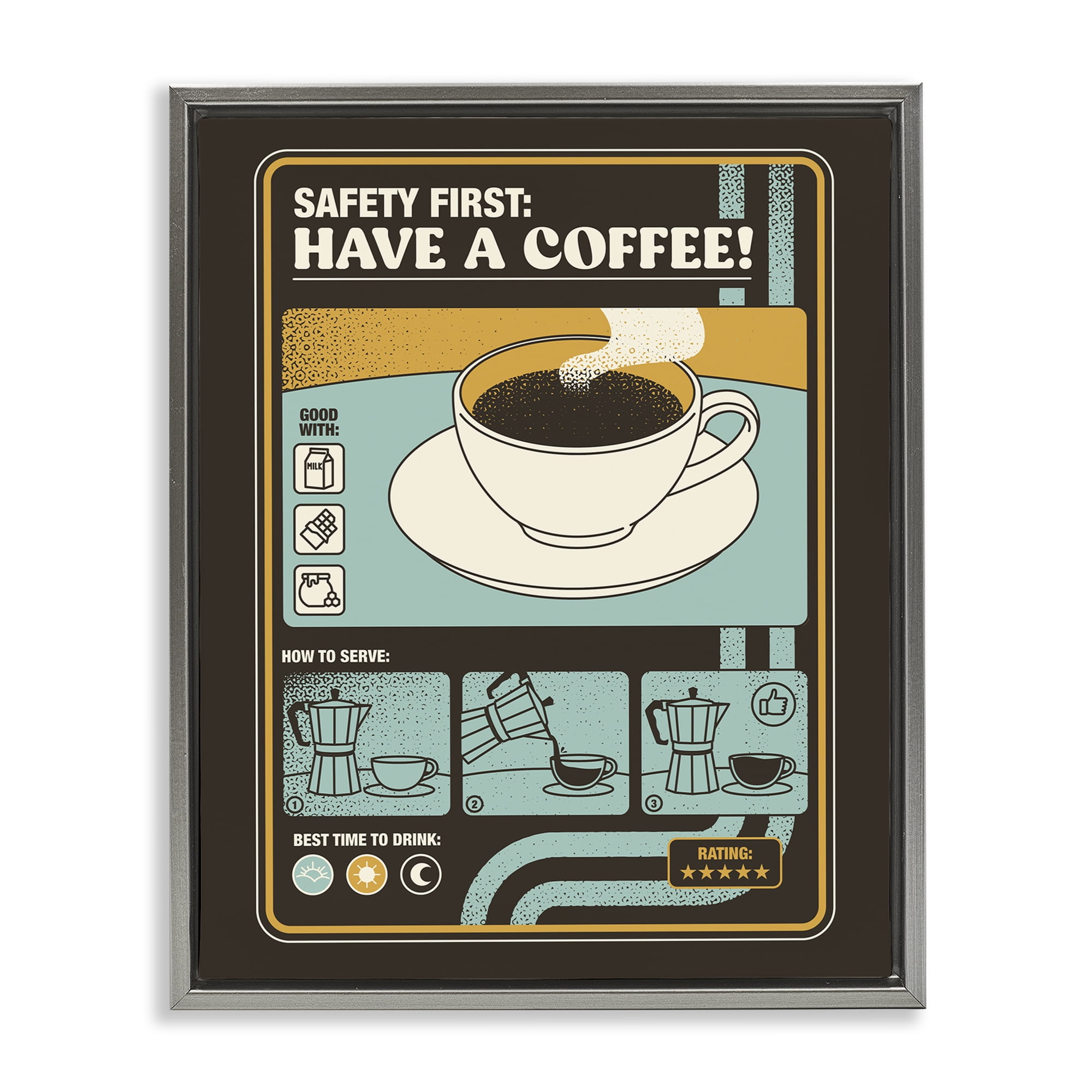 Stupell Industries Safety First Have A Coffee Gray Framed Floater Canvas Wall Art, design by Tobe Fonseca