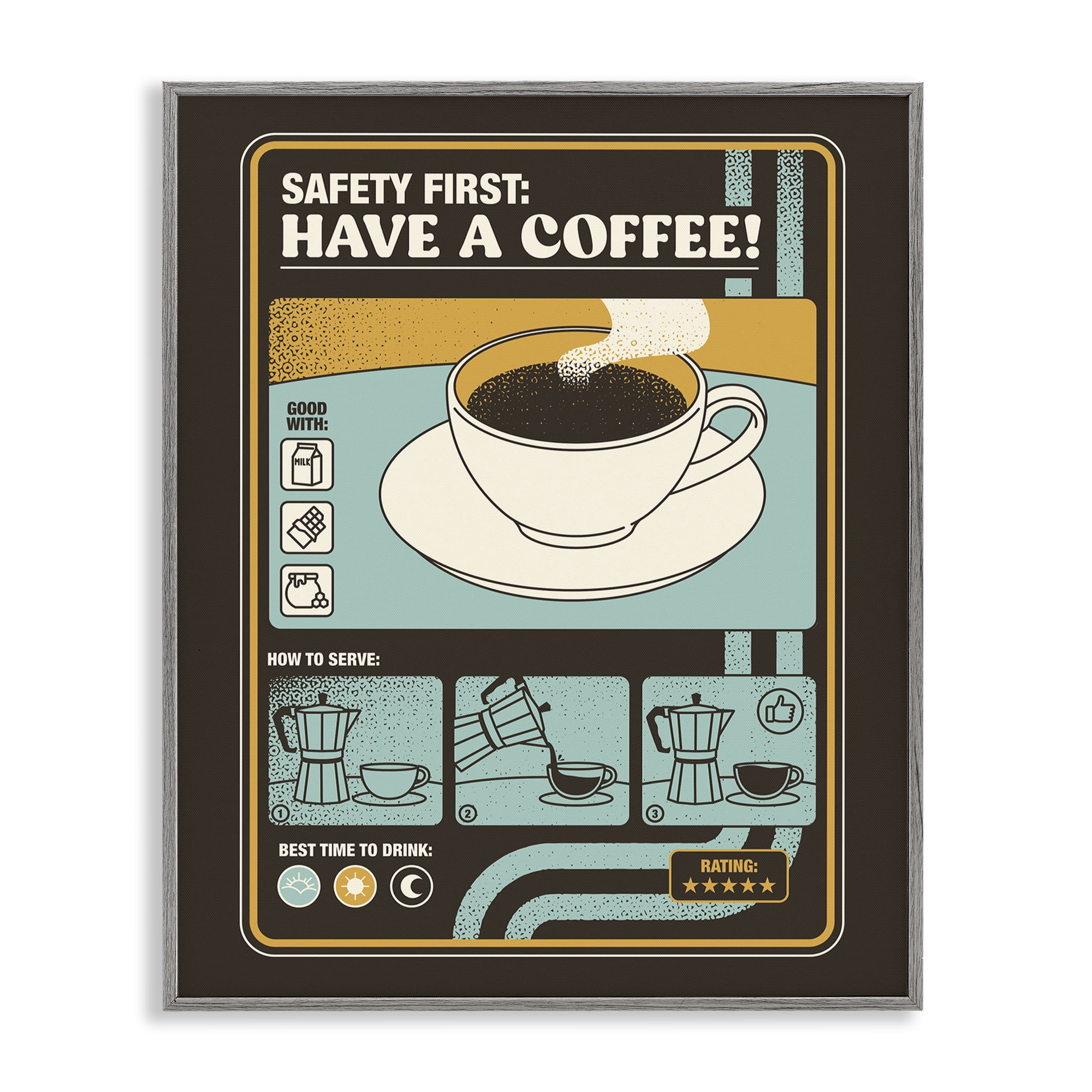 Stupell Industries Safety First Have A Coffee Gray Framed Giclee Art, design by Tobe Fonseca