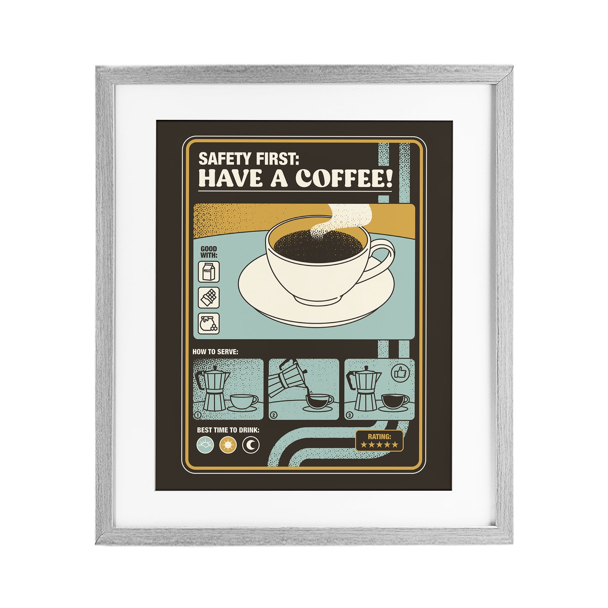 Stupell Industries Safety First Have A Coffee Gray Framed Print Under Glass, design by Tobe Fonseca