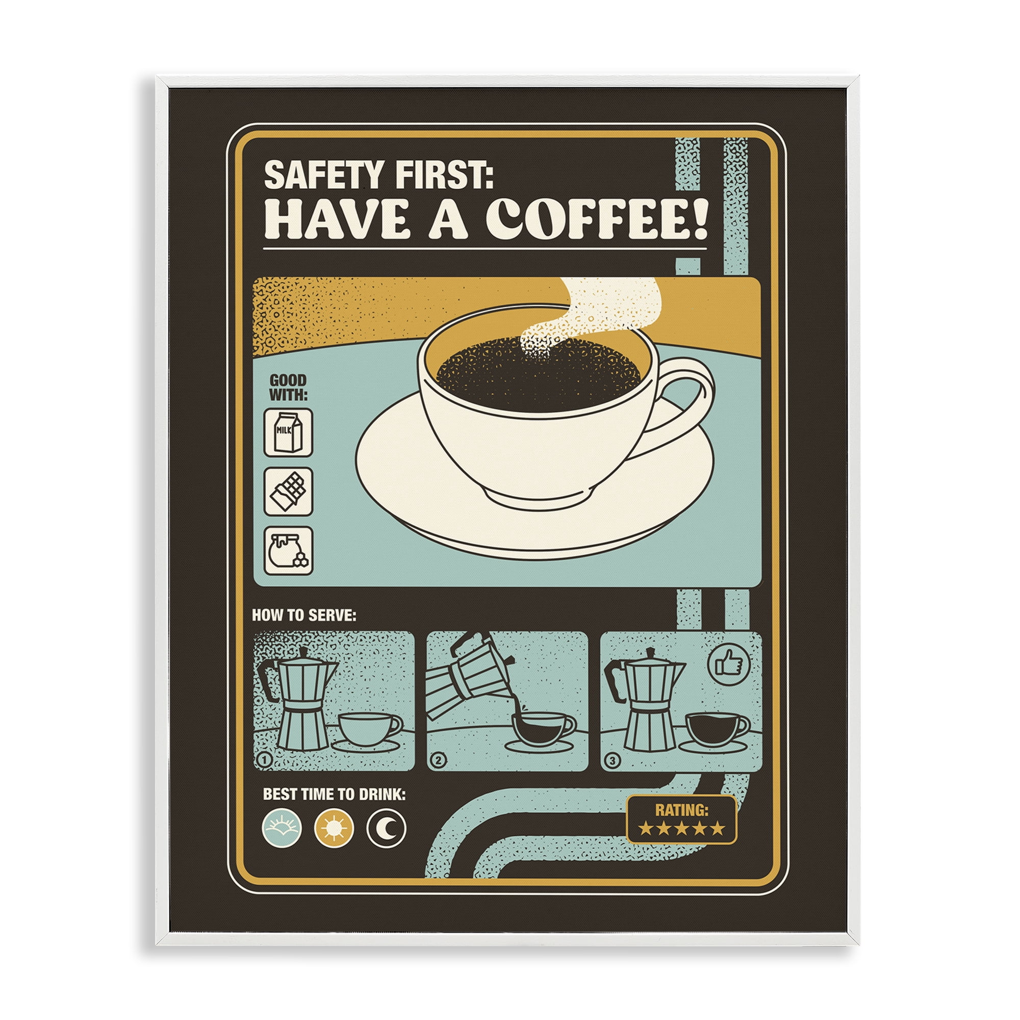 Stupell Industries Safety First Have A Coffee White Framed Giclee Art, design by Tobe Fonseca