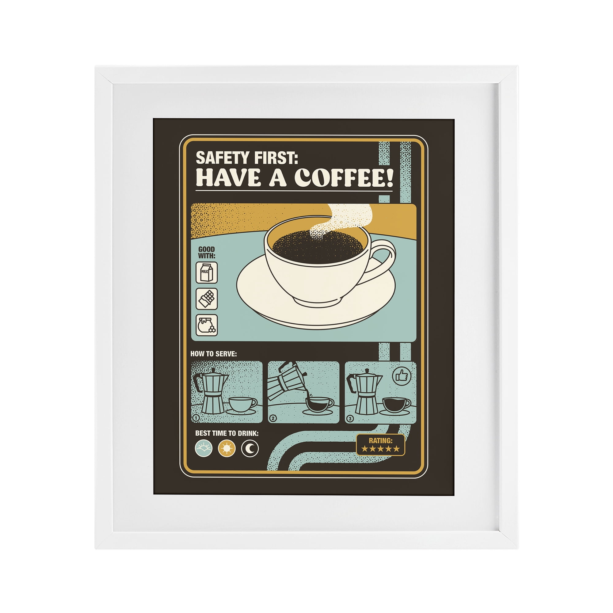 Stupell Industries Safety First Have A Coffee White Framed Print Under Glass, design by Tobe Fonseca