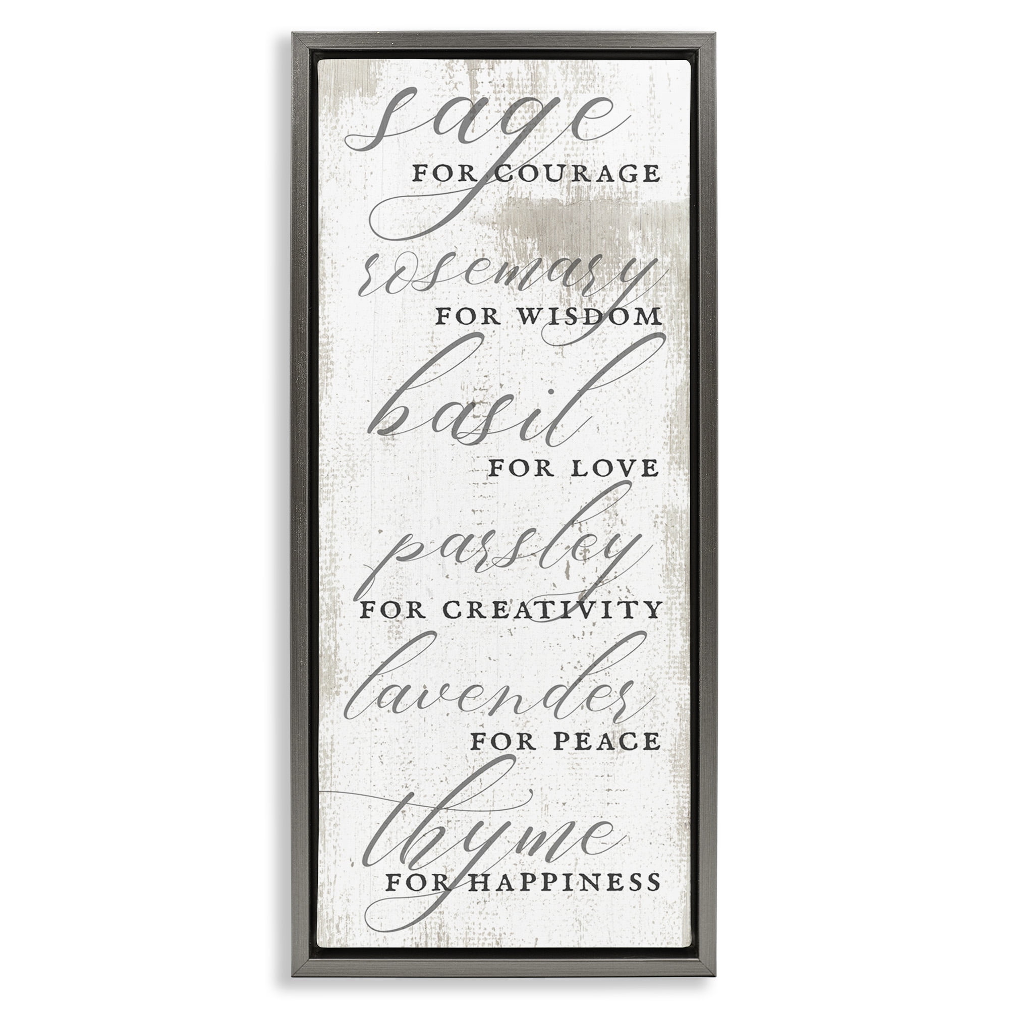 Stupell Industries Sage Basil Thyme Sentimental Phrases Food & Beverage Painting Gray Floater Framed Canvas Art Print Wall Art, 11 x 25