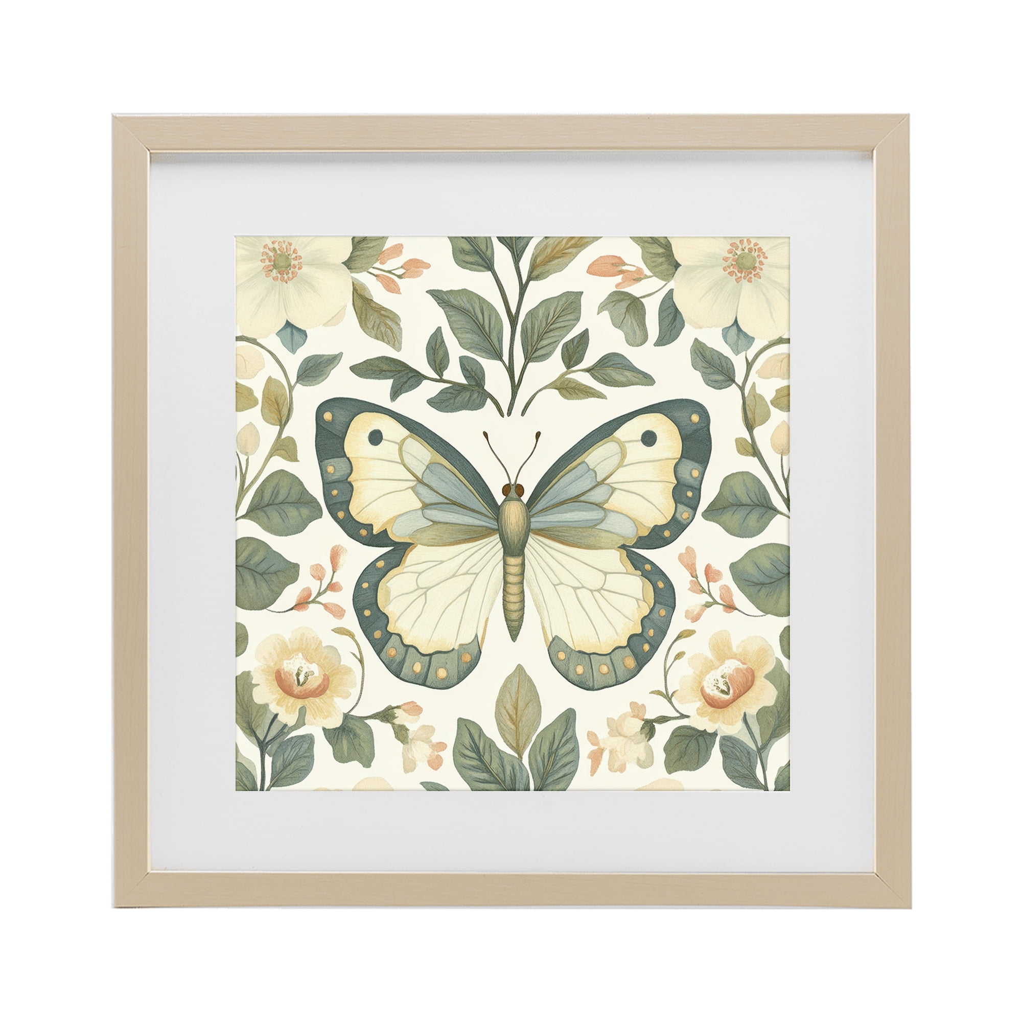 Stupell Industries Sage Butterfly and Florals Birch Framed Print Under Glass, design by Petal Prints Design