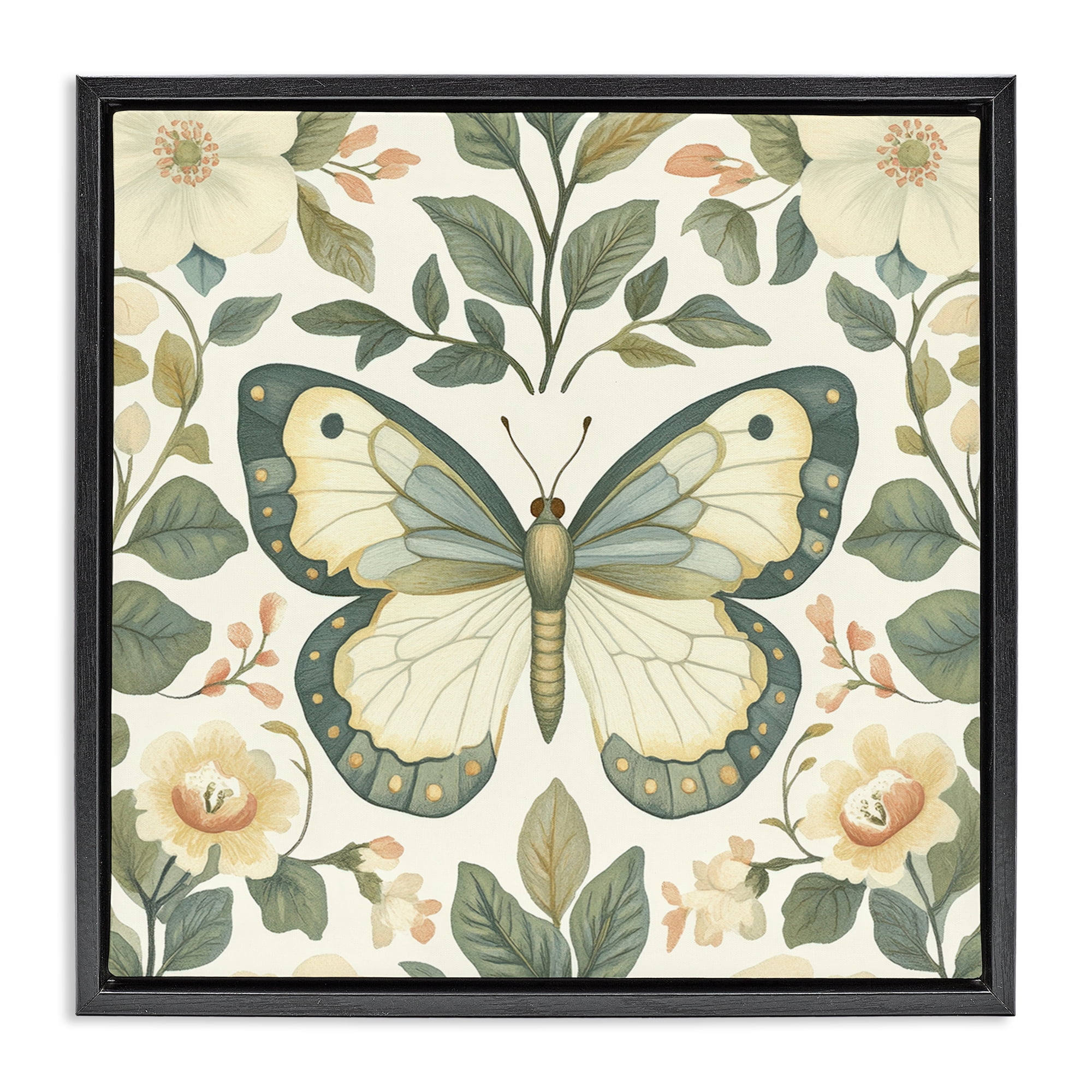 Stupell Industries Sage Butterfly and Florals Black Framed Floater Canvas Wall Art, design by Petal Prints Design