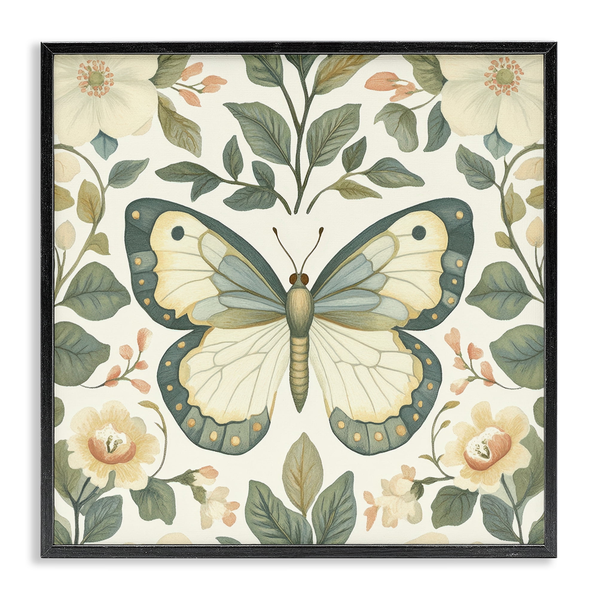 Stupell Industries Sage Butterfly and Florals Black Framed Giclee Art, design by Petal Prints Design