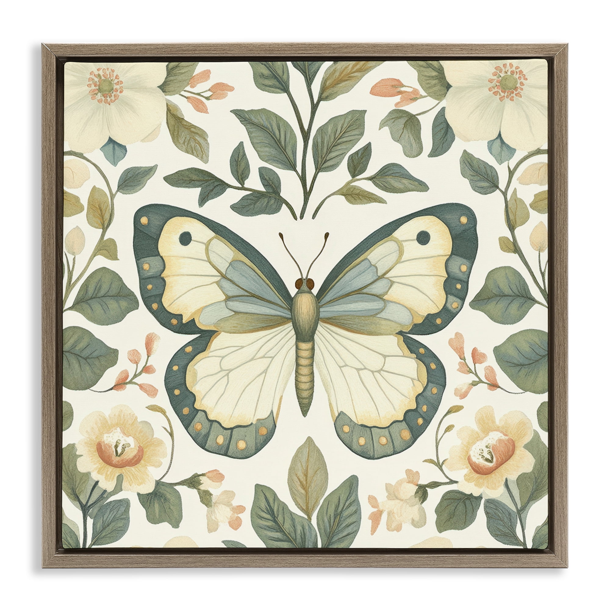 Stupell Industries Sage Butterfly and Florals Brown Framed Floater Canvas Wall Art, design by Petal Prints Design