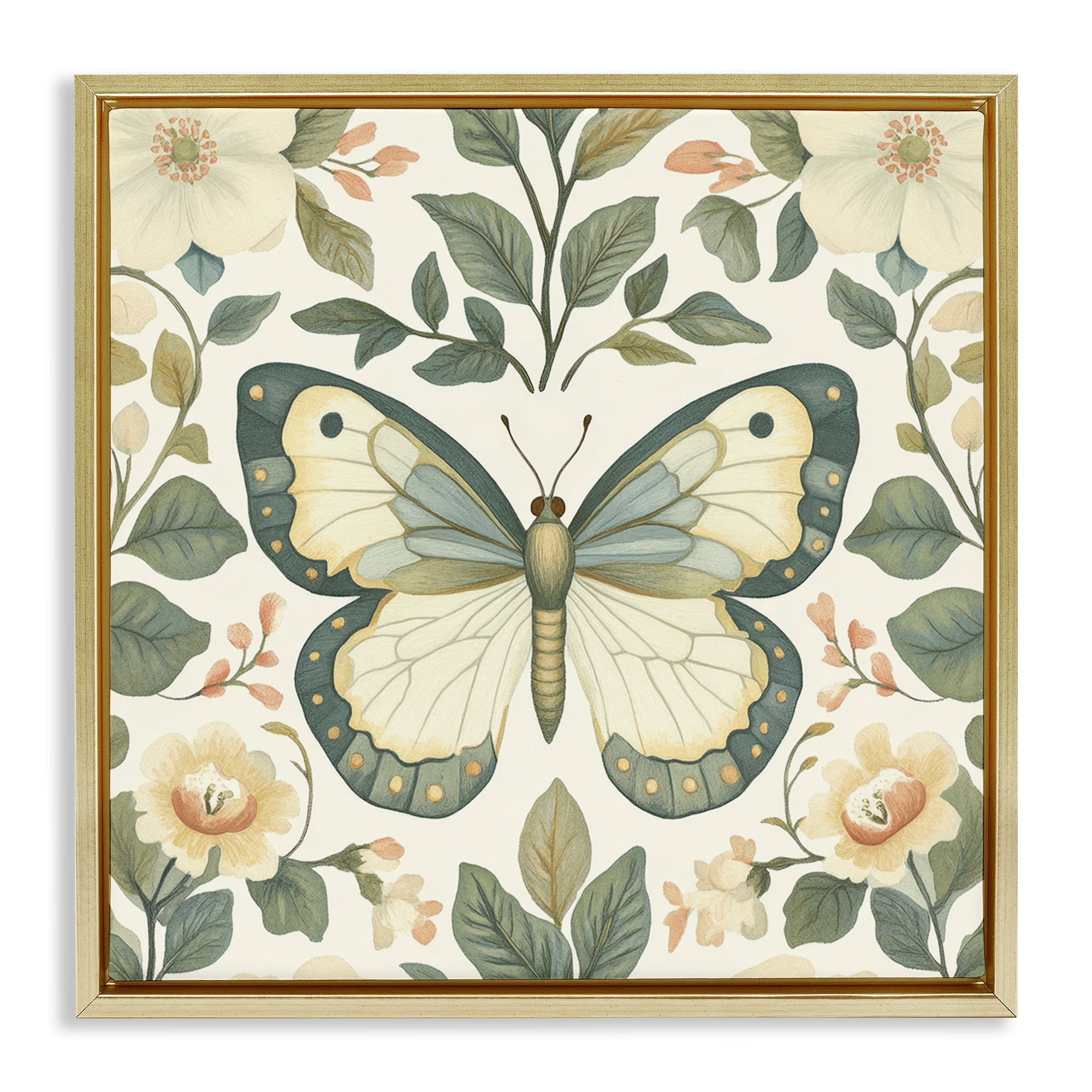 Stupell Industries Sage Butterfly and Florals Gold Framed Floater Canvas Wall Art, design by Petal Prints Design
