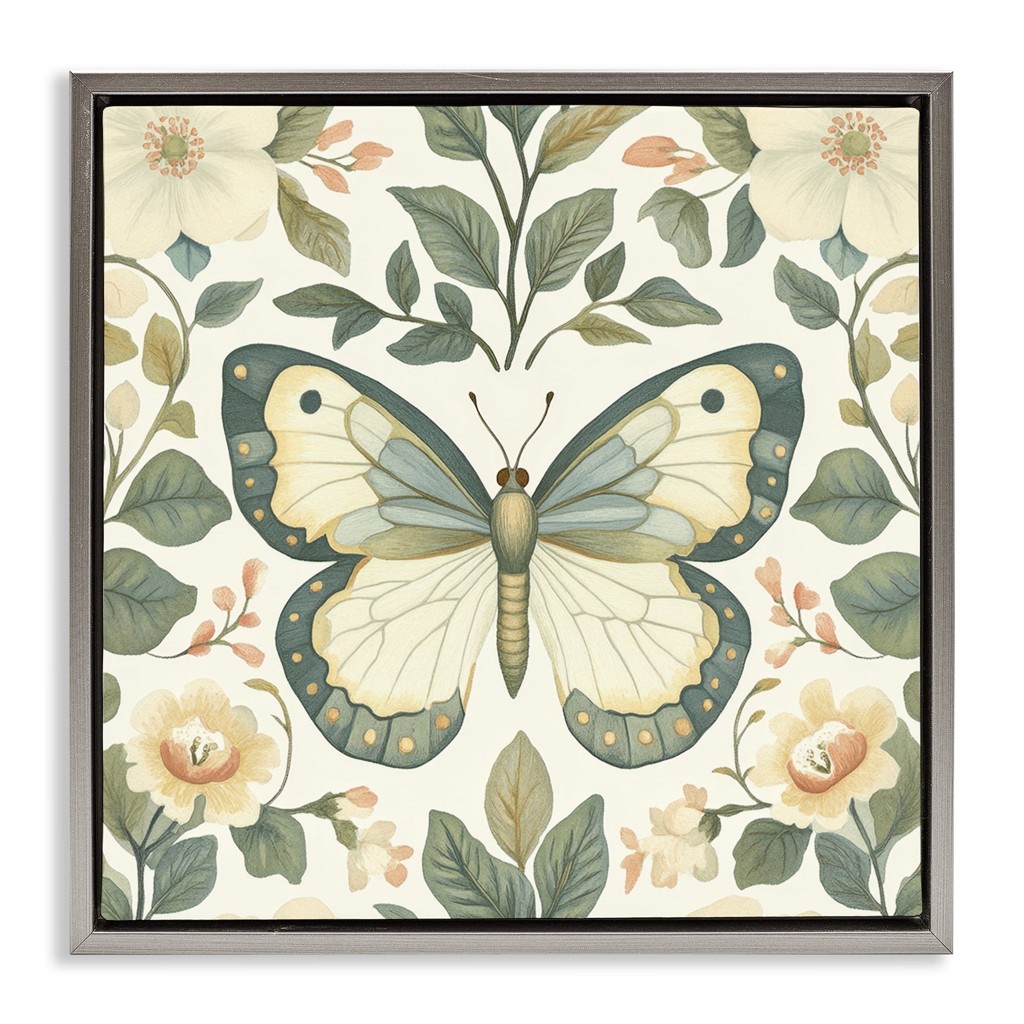 Stupell Industries Sage Butterfly and Florals Gray Framed Floater Canvas Wall Art, design by Petal Prints Design