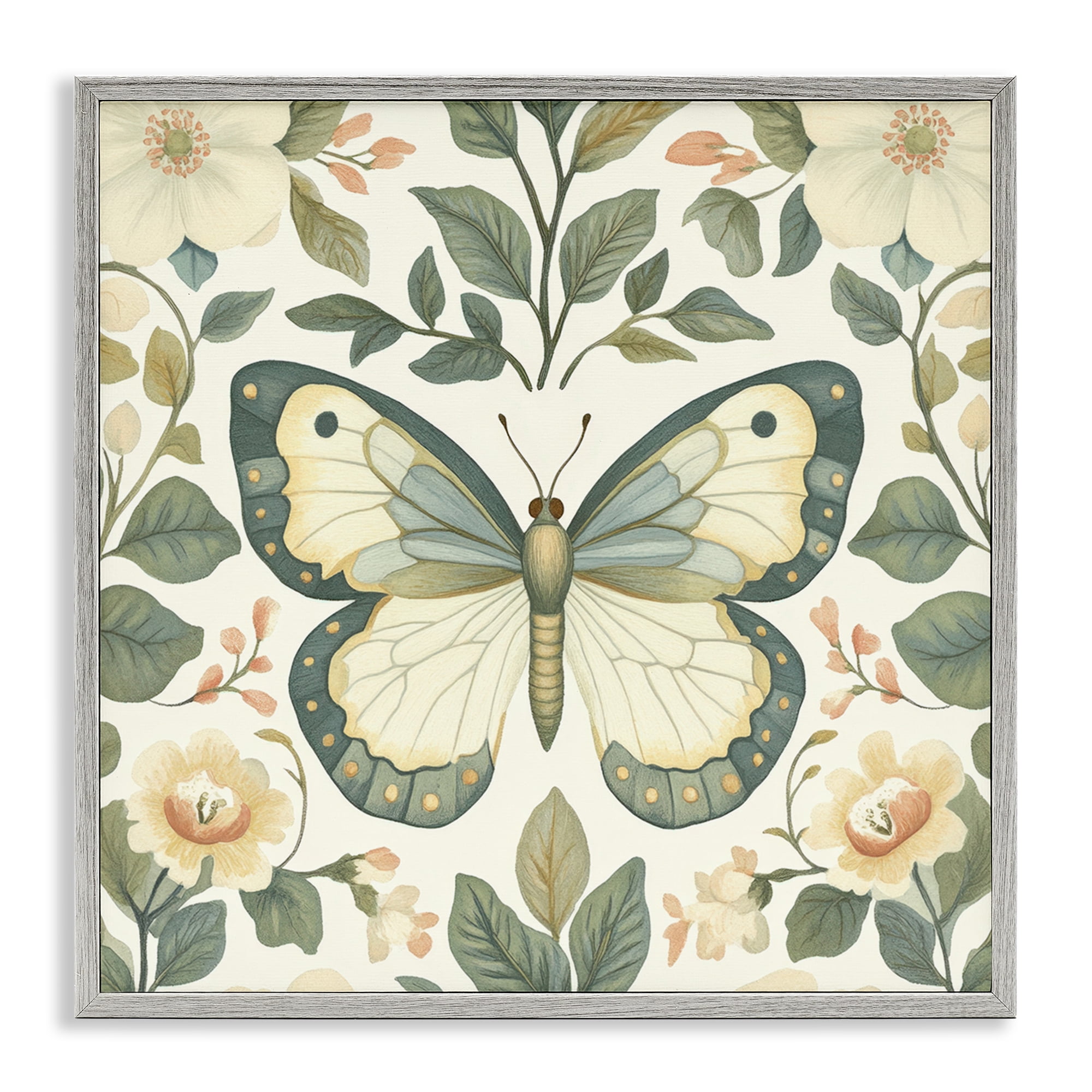 Stupell Industries Sage Butterfly and Florals Gray Framed Giclee Art, design by Petal Prints Design