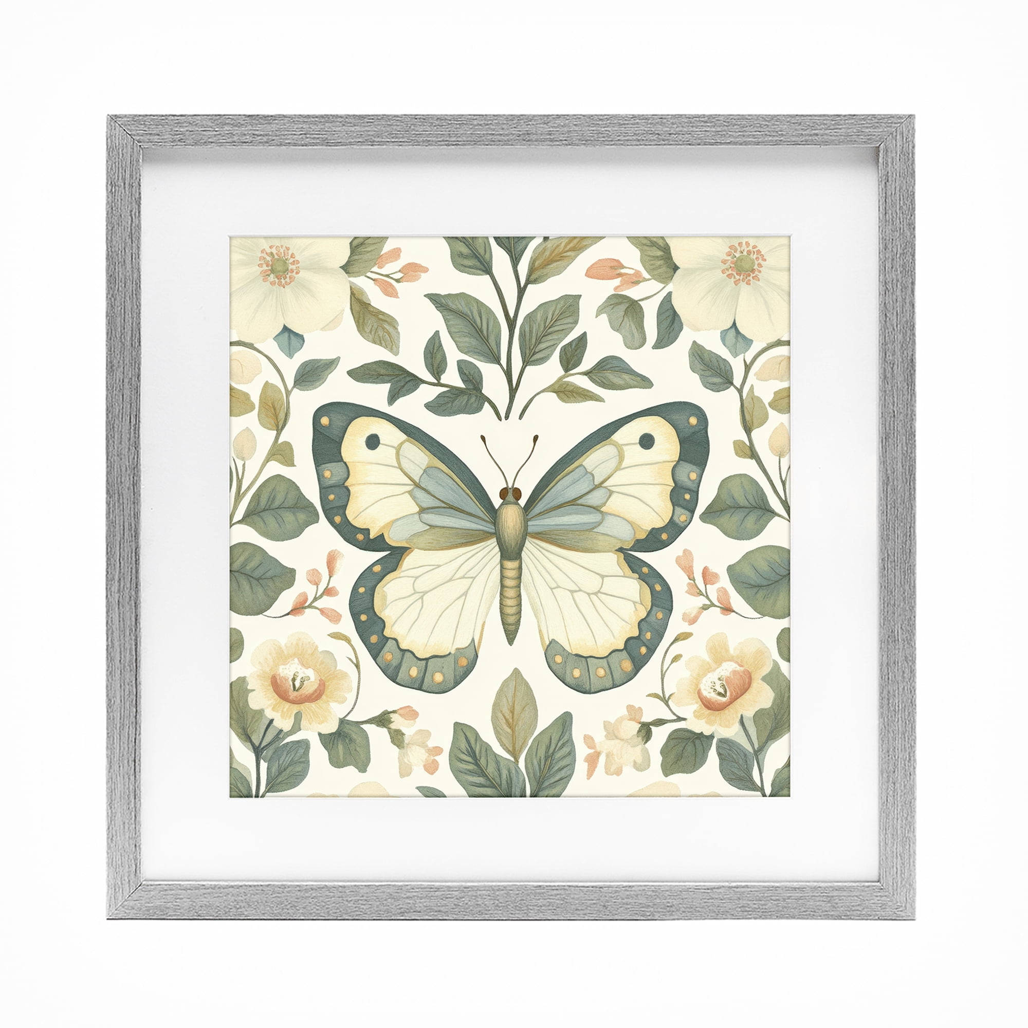Stupell Industries Sage Butterfly and Florals Gray Framed Print Under Glass, design by Petal Prints Design