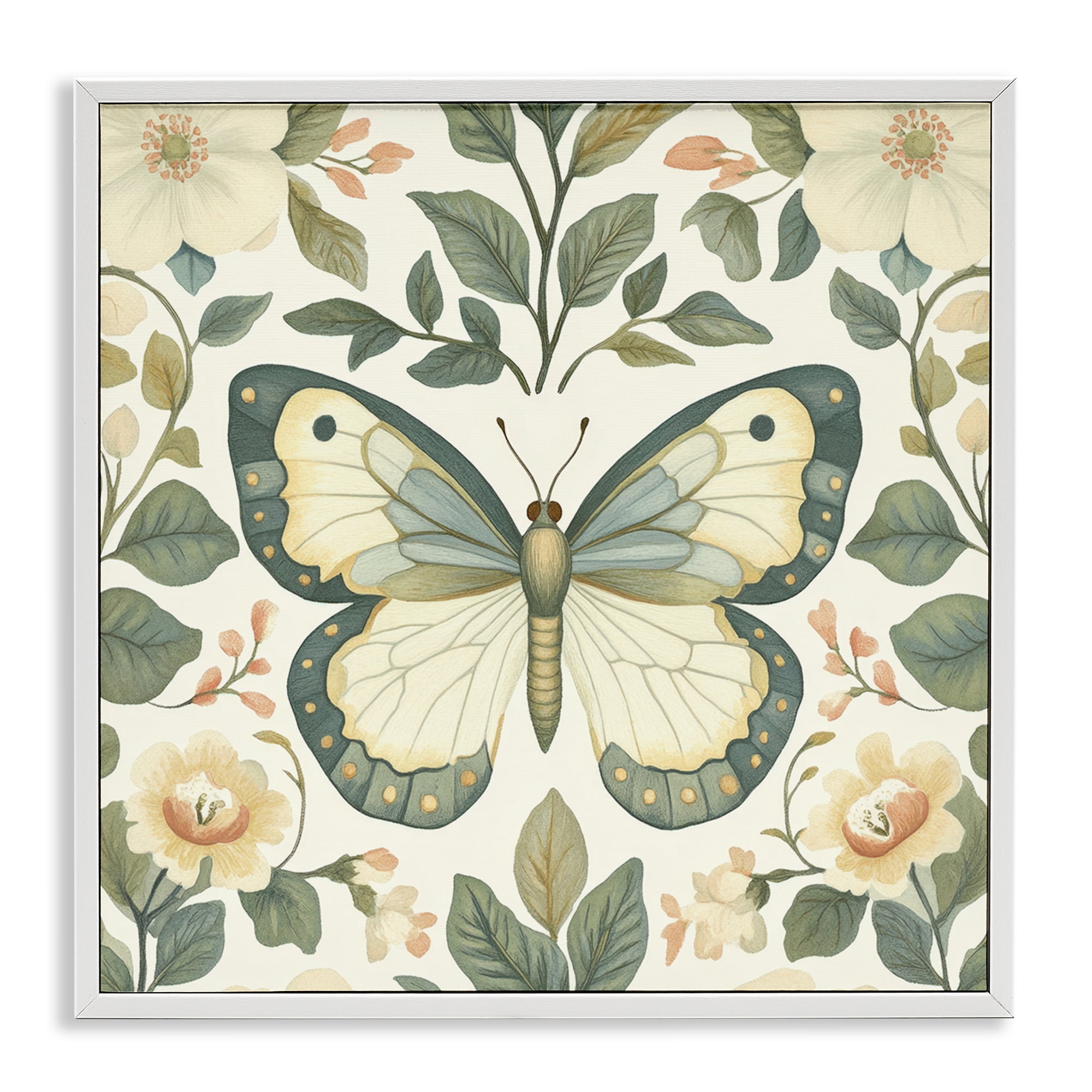 Stupell Industries Sage Butterfly and Florals White Framed Giclee Art, design by Petal Prints Design