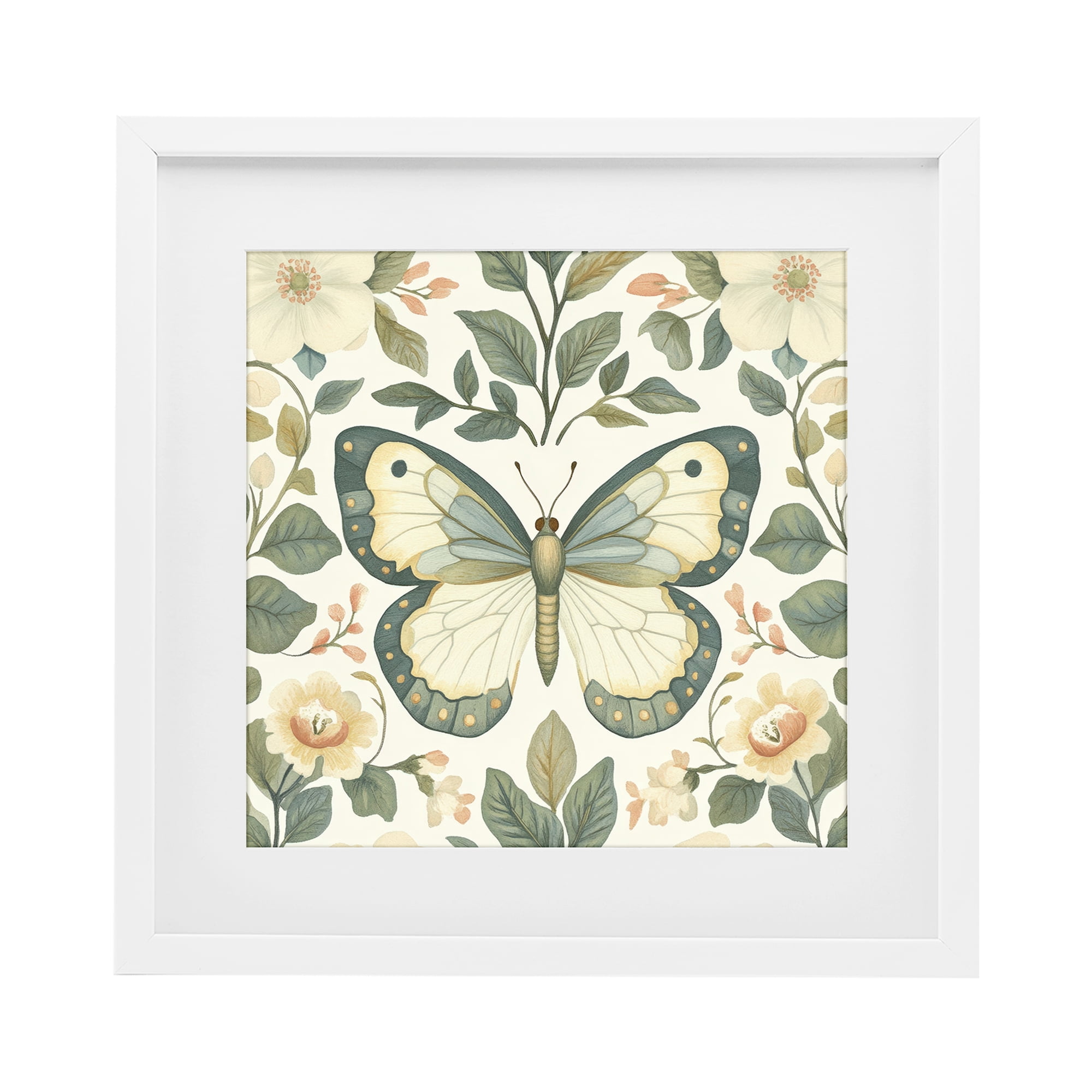 Stupell Industries Sage Butterfly and Florals White Framed Print Under Glass, design by Petal Prints Design