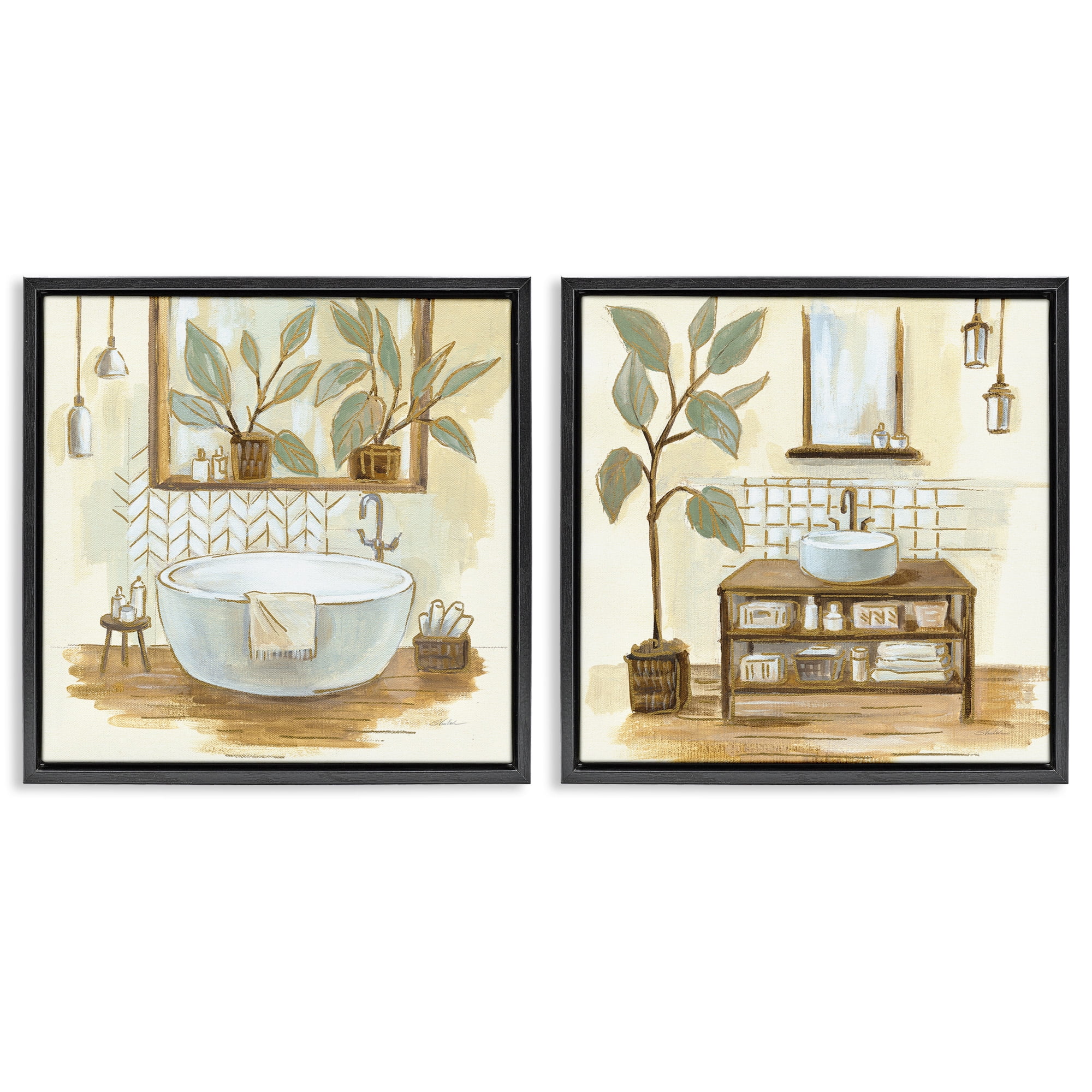Stupell Industries Sage Green Bathroom Interiors Botanical & Floral Painting Black Floater Framed Canvas Art Print Wall Art, 25 x 25, Set of 2