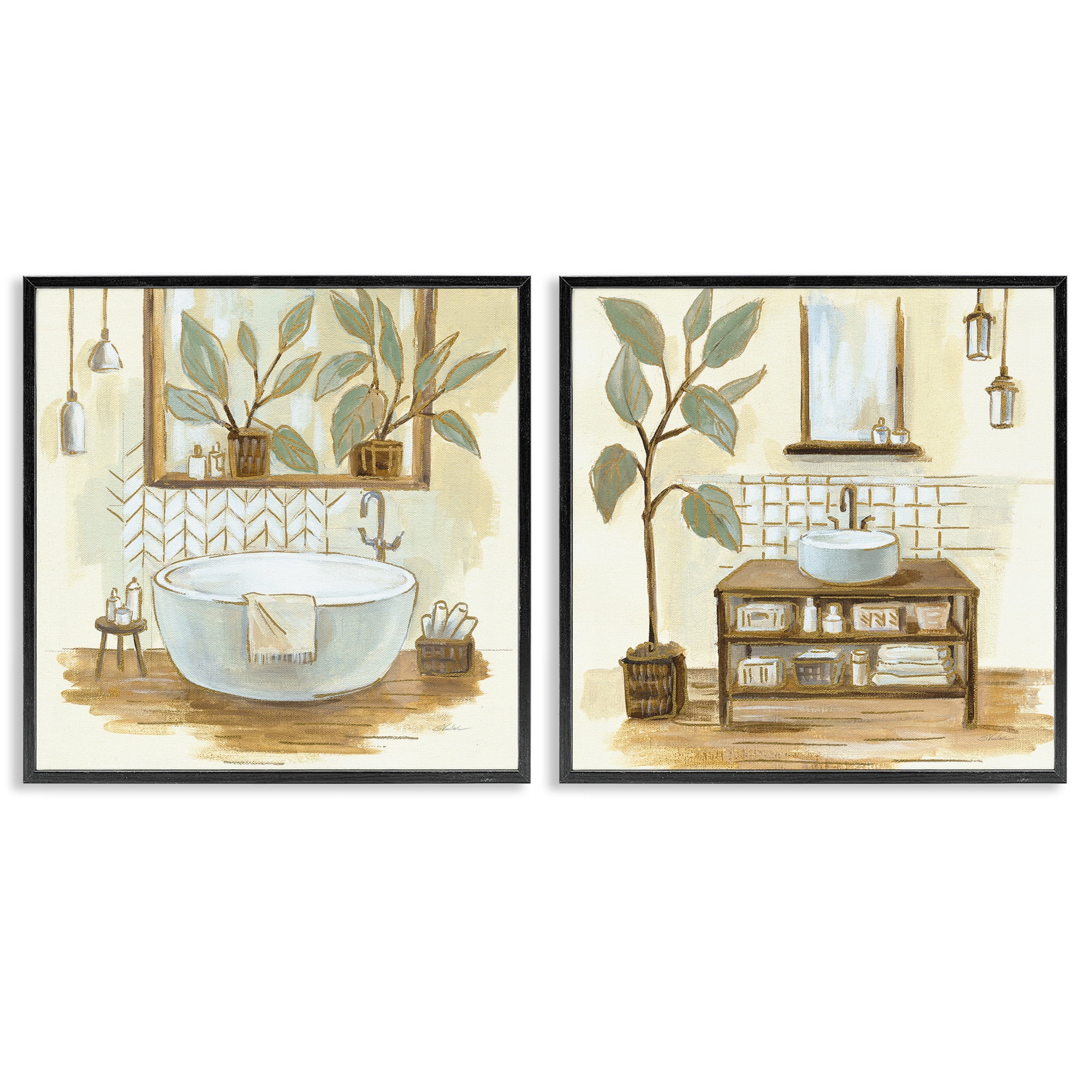 Stupell Industries Sage Green Bathroom Interiors Botanical & Floral Painting Black Framed Art Print Wall Art, 24 x 24, Set of 2