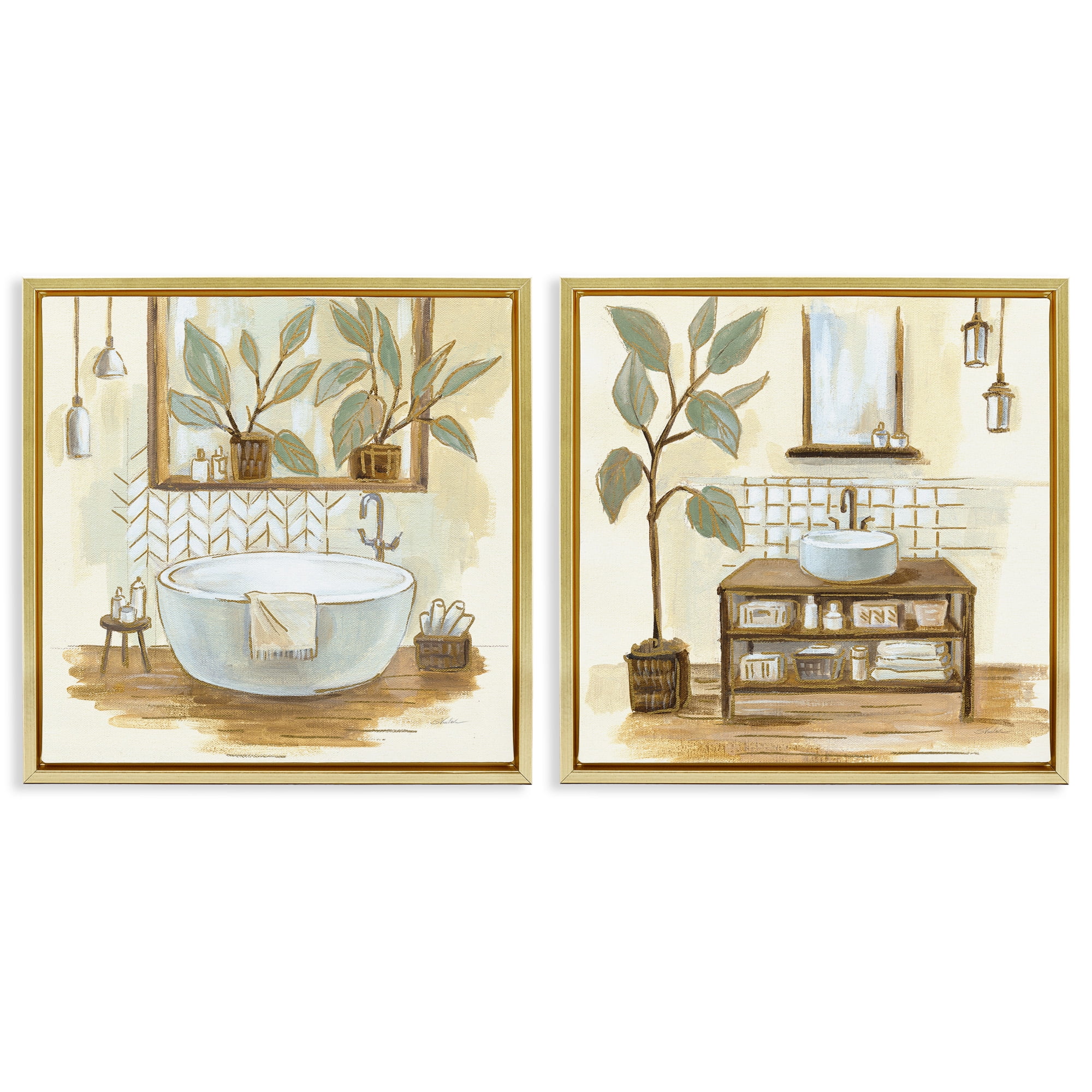 Stupell Industries Sage Green Bathroom Interiors Botanical & Floral Painting Gold Floater Framed Canvas Art Print Wall Art, 25 x 25, Set of 2