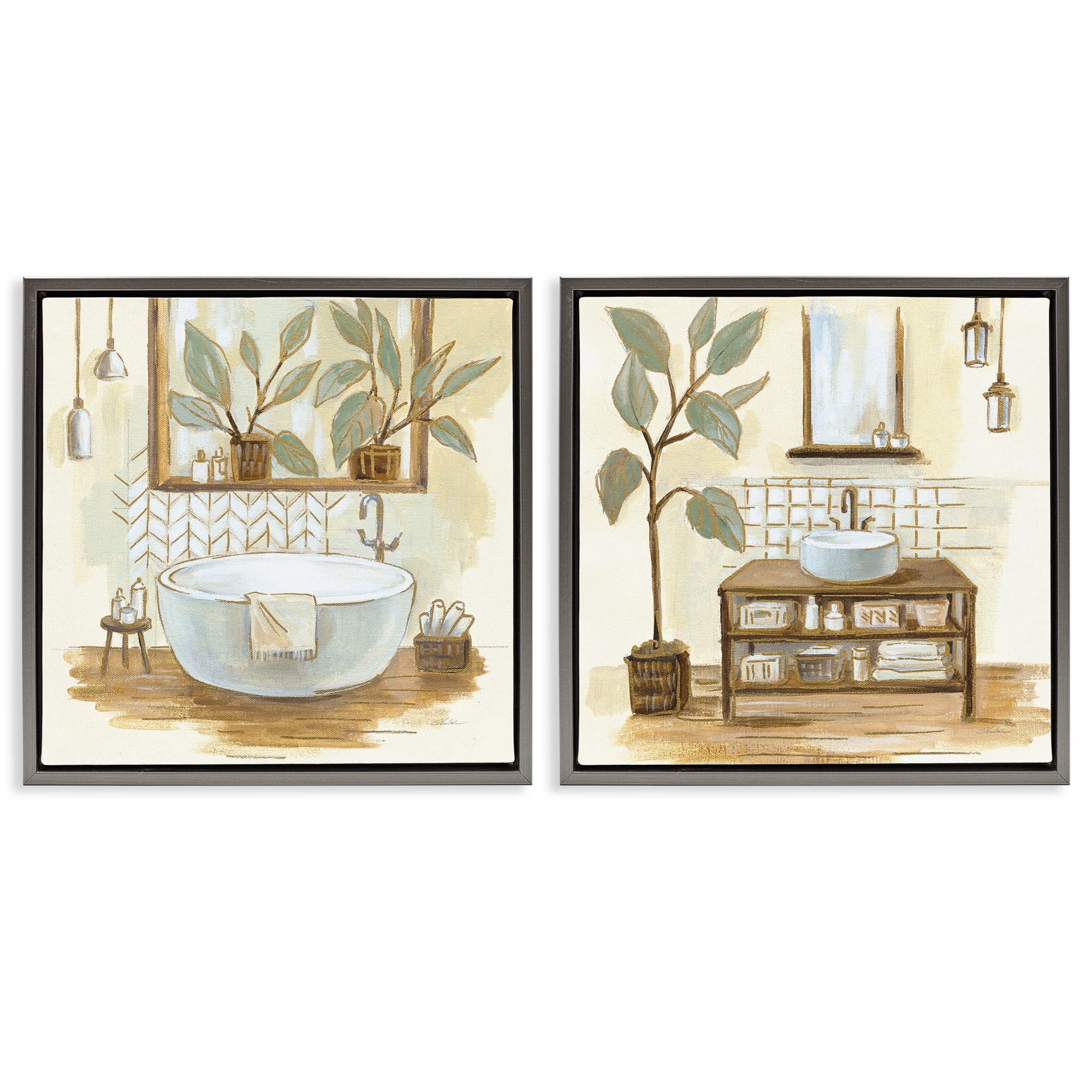 Sage Green Botanical & Floral Canvas Art Prints with Gray Frames, 25 x 25, Set of 2