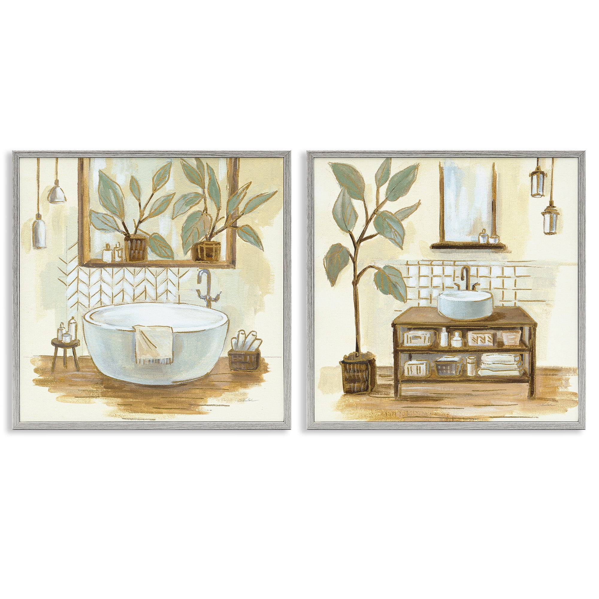 Stupell Industries Sage Green Bathroom Interiors Botanical & Floral Painting Gray Framed Art Print Wall Art, 24 x 24, Set of 2