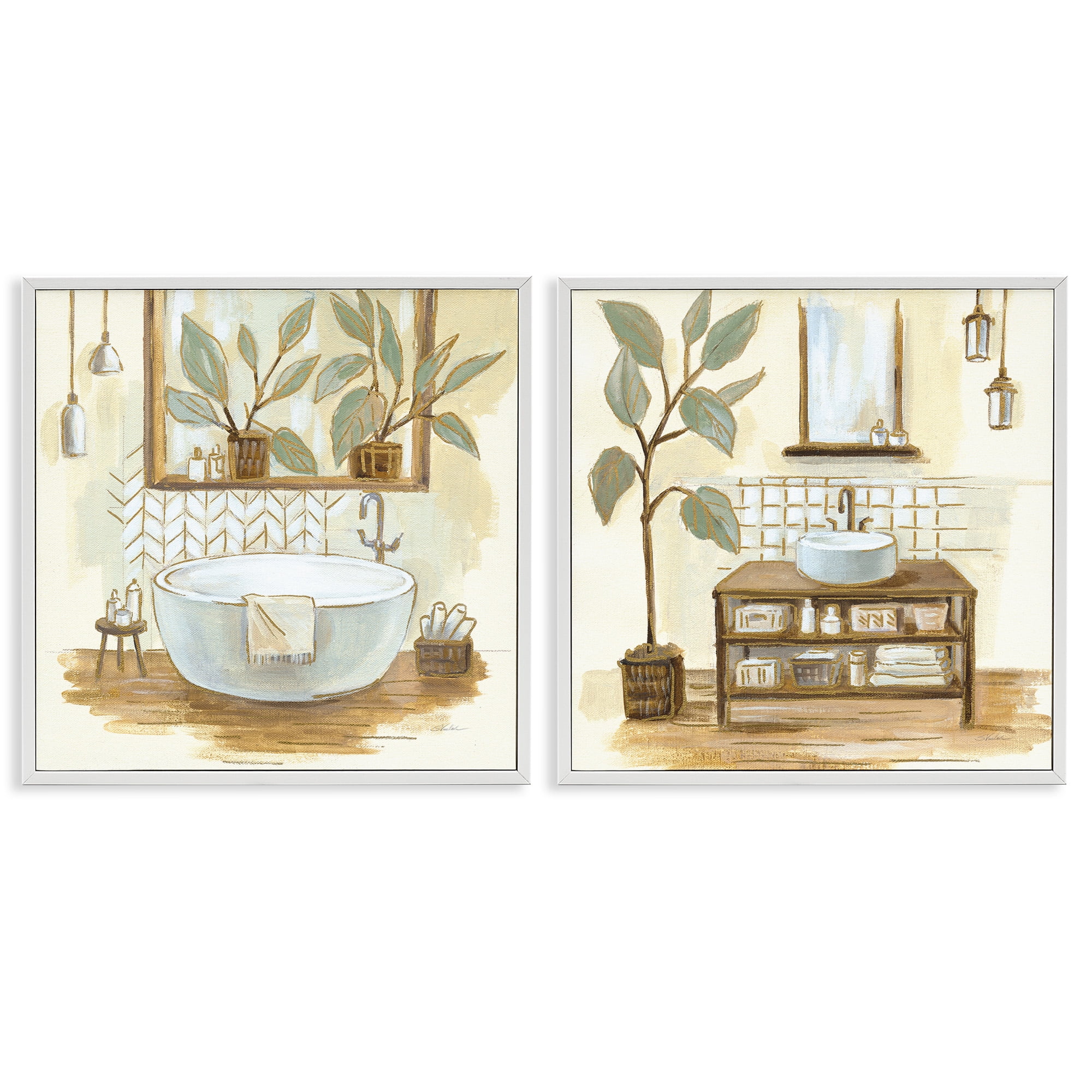 Stupell Industries Sage Green Bathroom Interiors Botanical & Floral Painting White Framed Art Print Wall Art, 24 x 24, Set of 2