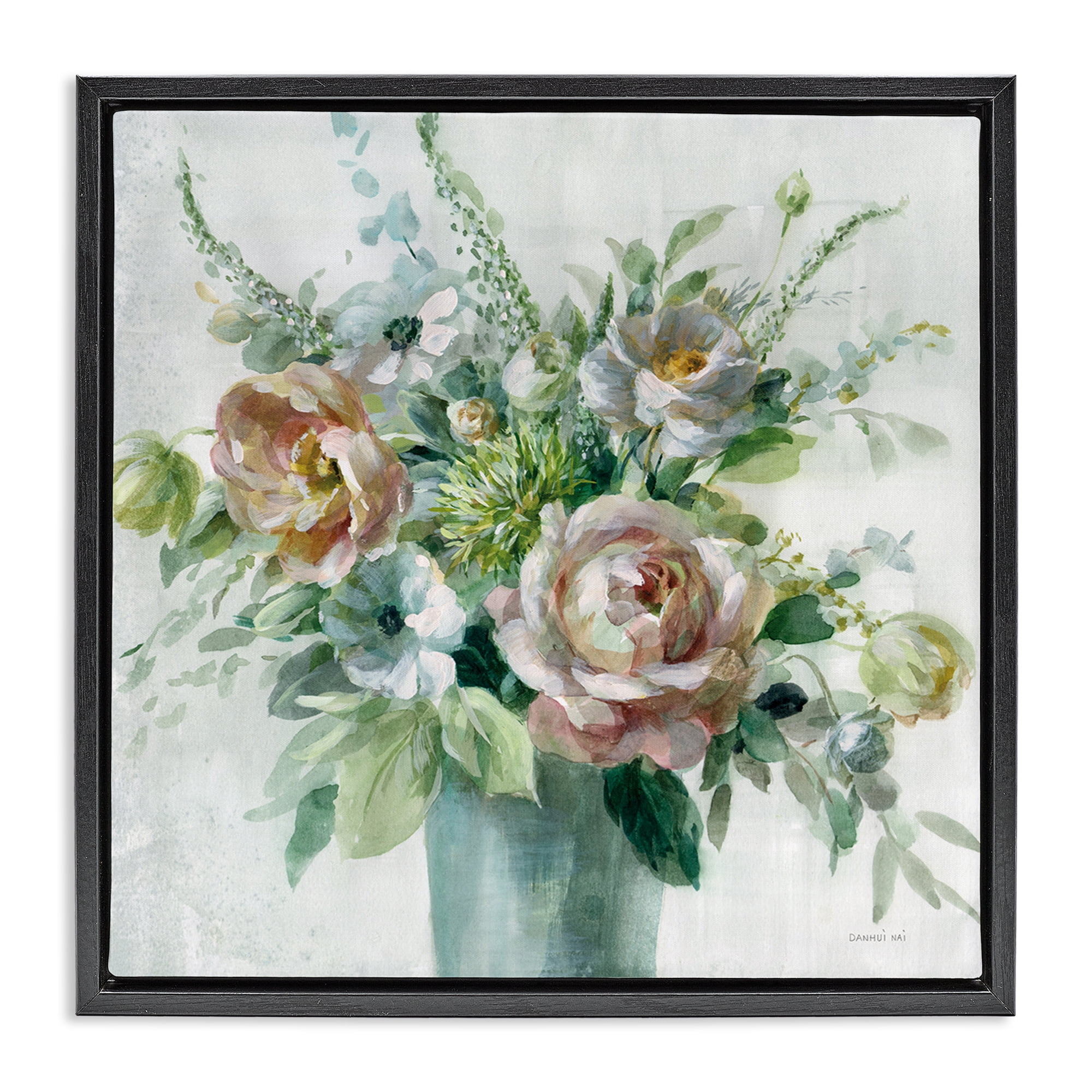 Stupell Industries Sage & Peach Blossoms Botanical & Floral Painting Black Floater Framed Art Print Wall Art, 25 x 25
