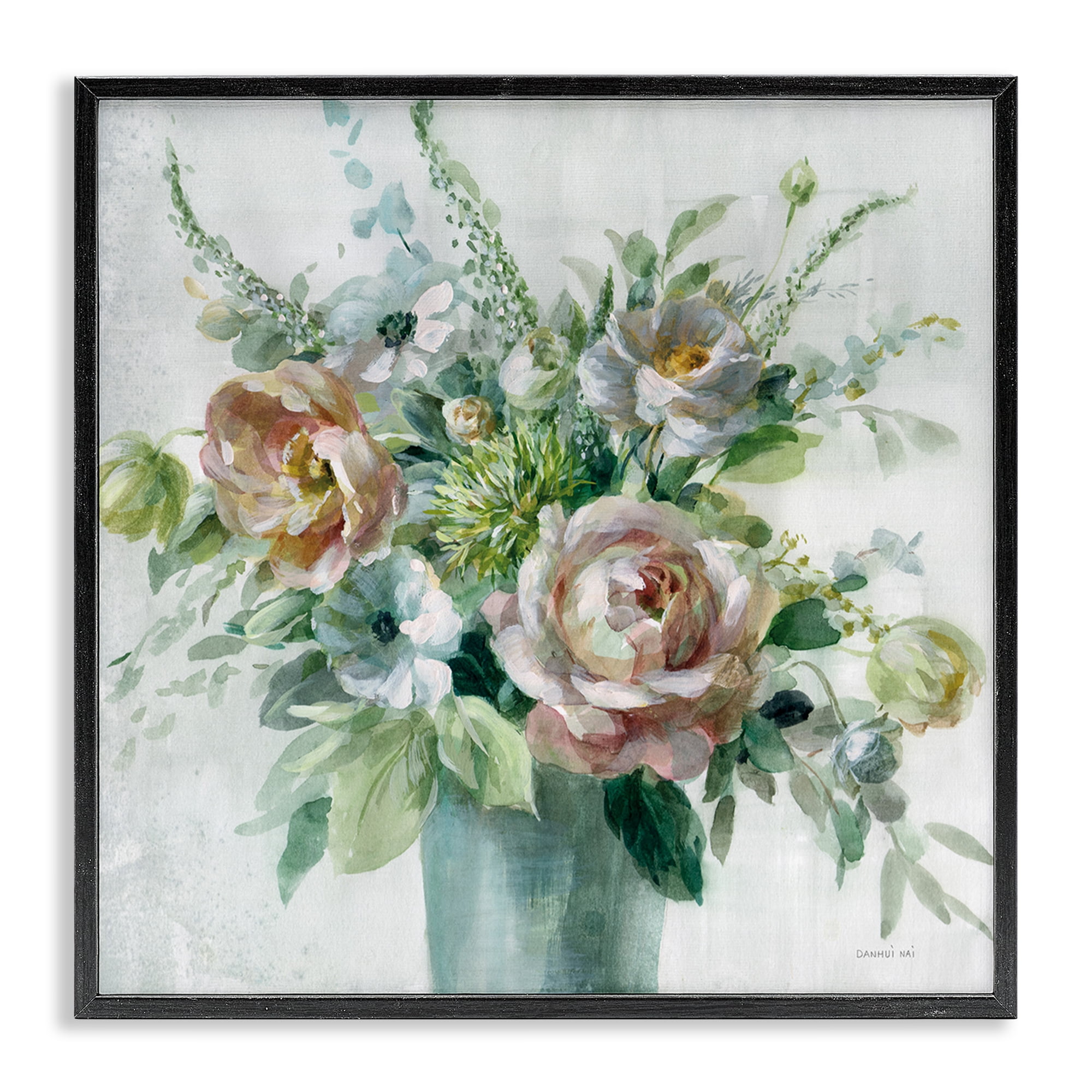 Stupell Industries Sage & Peach Blossoms Botanical & Floral Painting Black Framed Art Print Wall Art, 24 x 24