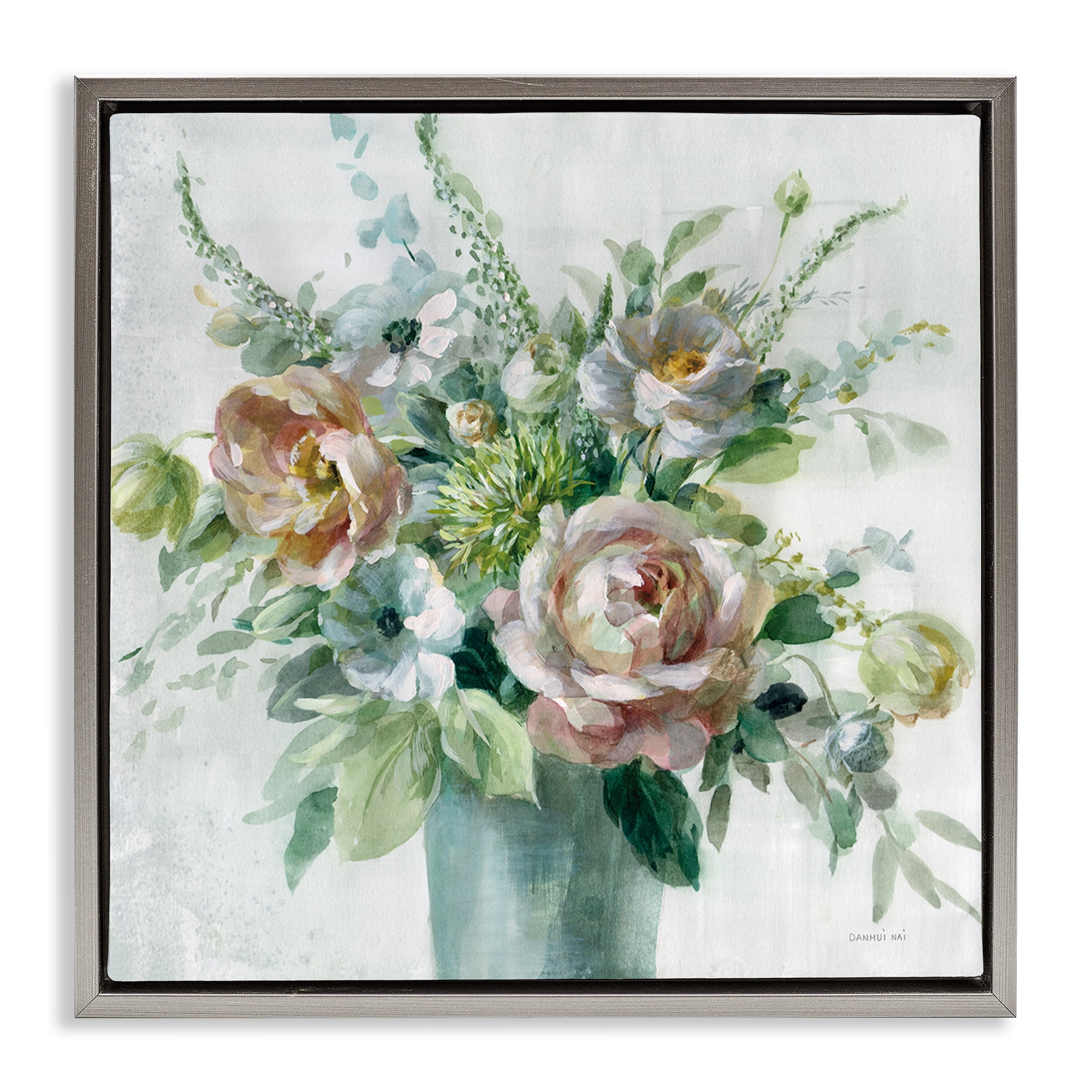 Stupell Industries Sage & Peach Blossoms Botanical & Floral Painting Gray Floater Framed Art Print Wall Art, 25 x 25