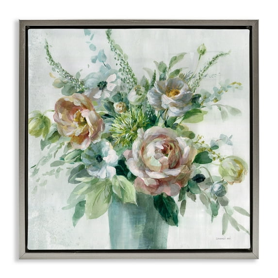Stupell Industries Sage & Peach Blossoms Botanical & Floral Painting Gray Floater Framed Art Print Wall Art, 25 x 25