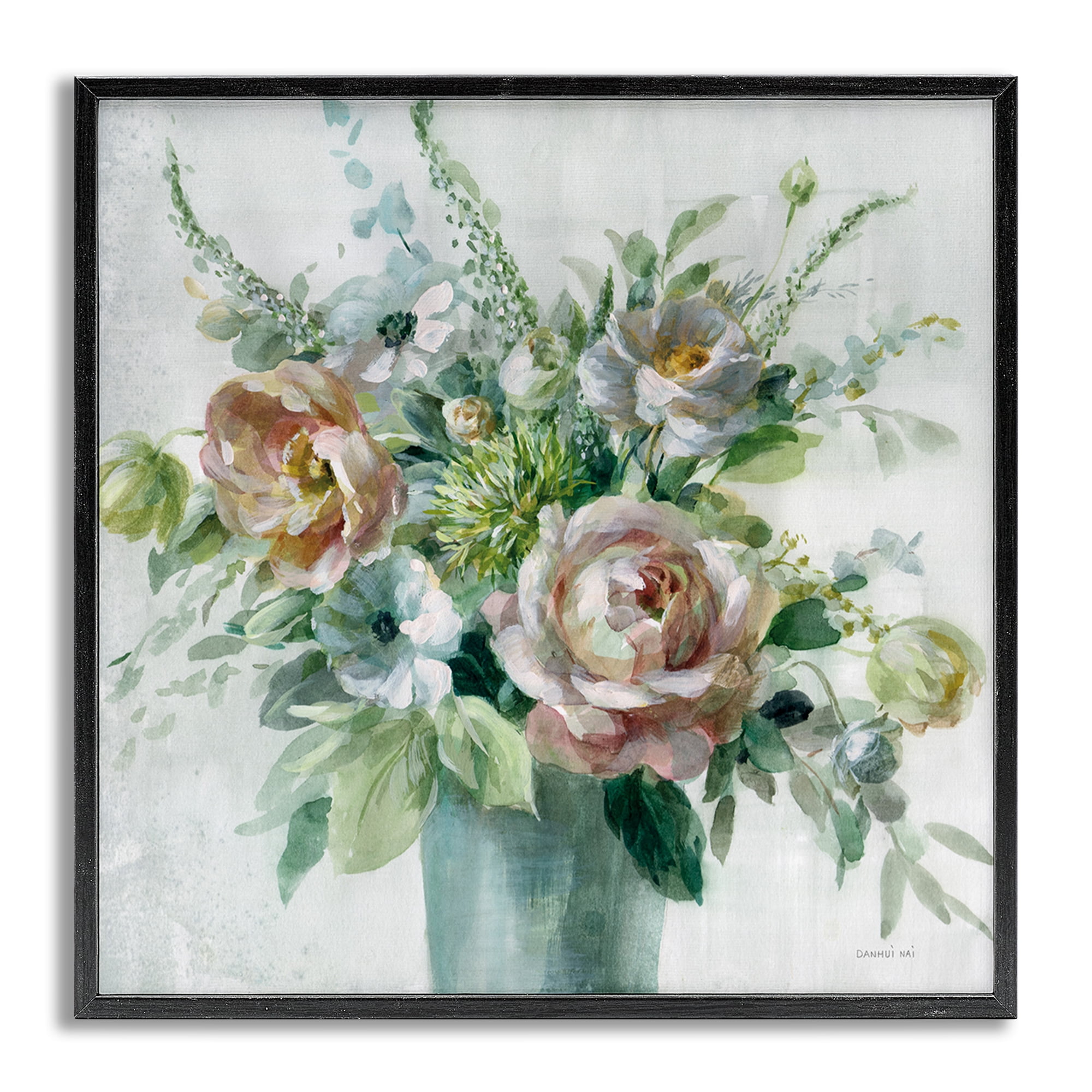 Stupell Industries Sage & Peach Blossoms Botanical & Floral Painting Gray Framed Art Print Wall Art, 17 x 17
