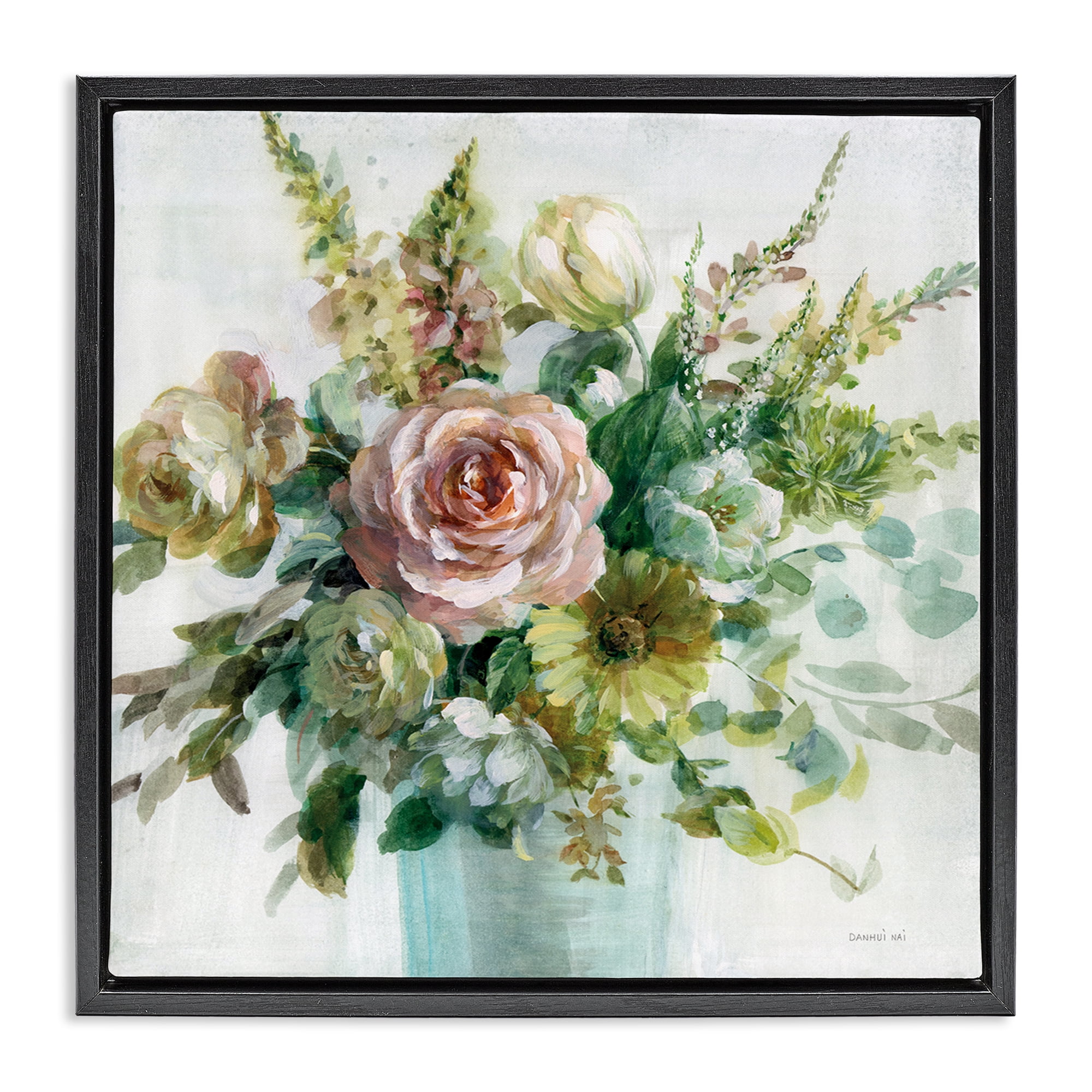 Stupell Industries Sage & Peach Flowers Botanical & Floral Painting Black Floater Framed Art Print Wall Art, 18 x 18