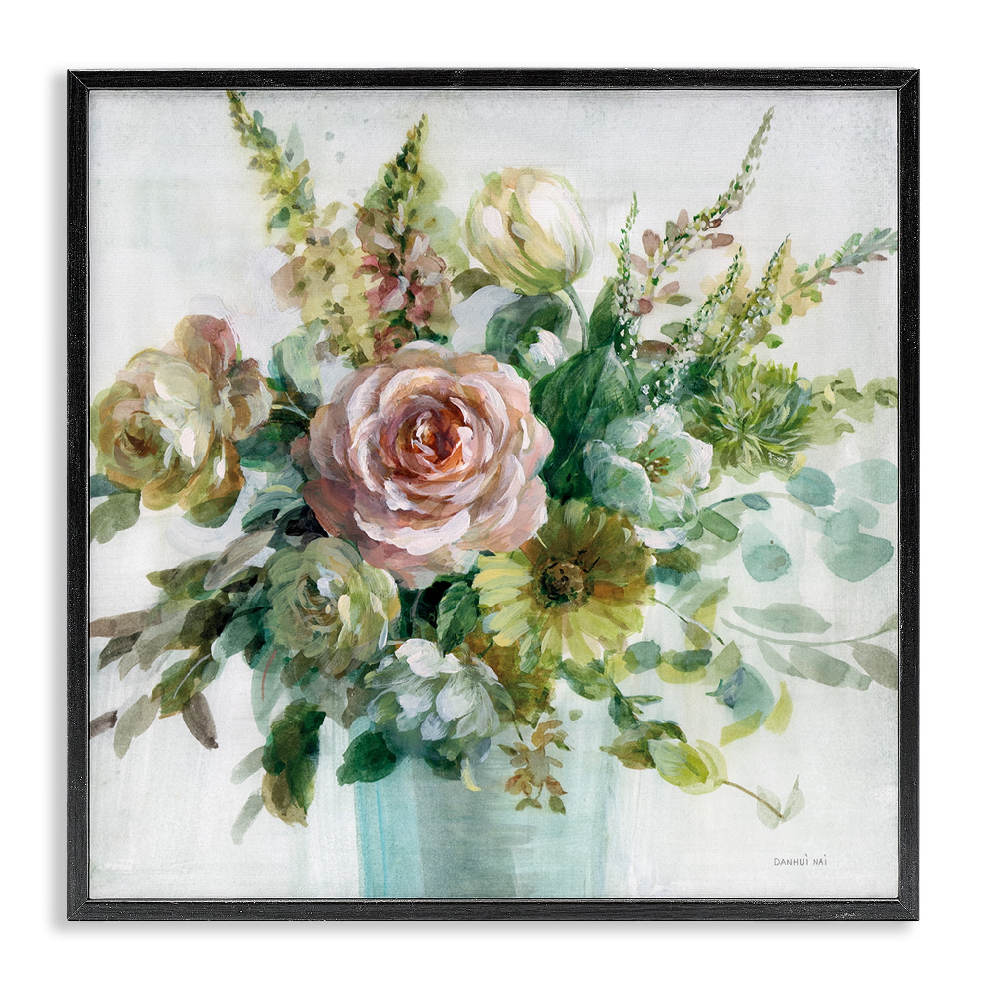 Stupell Industries Sage & Peach Flowers Botanical & Floral Painting Black Framed Art Print Wall Art, 24 x 24
