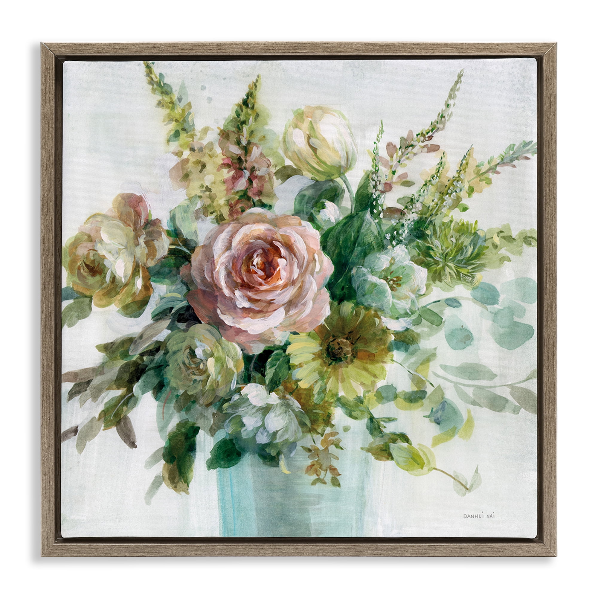 Stupell Industries Sage & Peach Flowers Botanical & Floral Painting Brown Floater Framed Art Print Wall Art, 18 x 18