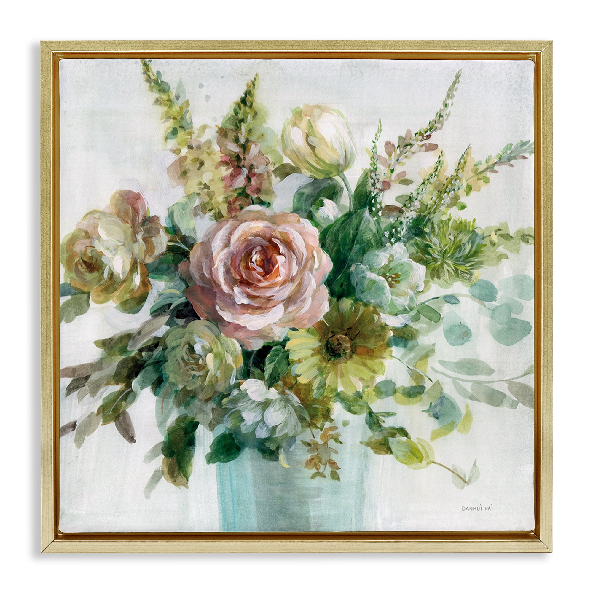 Stupell Industries Sage & Peach Flowers Botanical & Floral Painting Gold Floater Framed Art Print Wall Art, 25 x 25