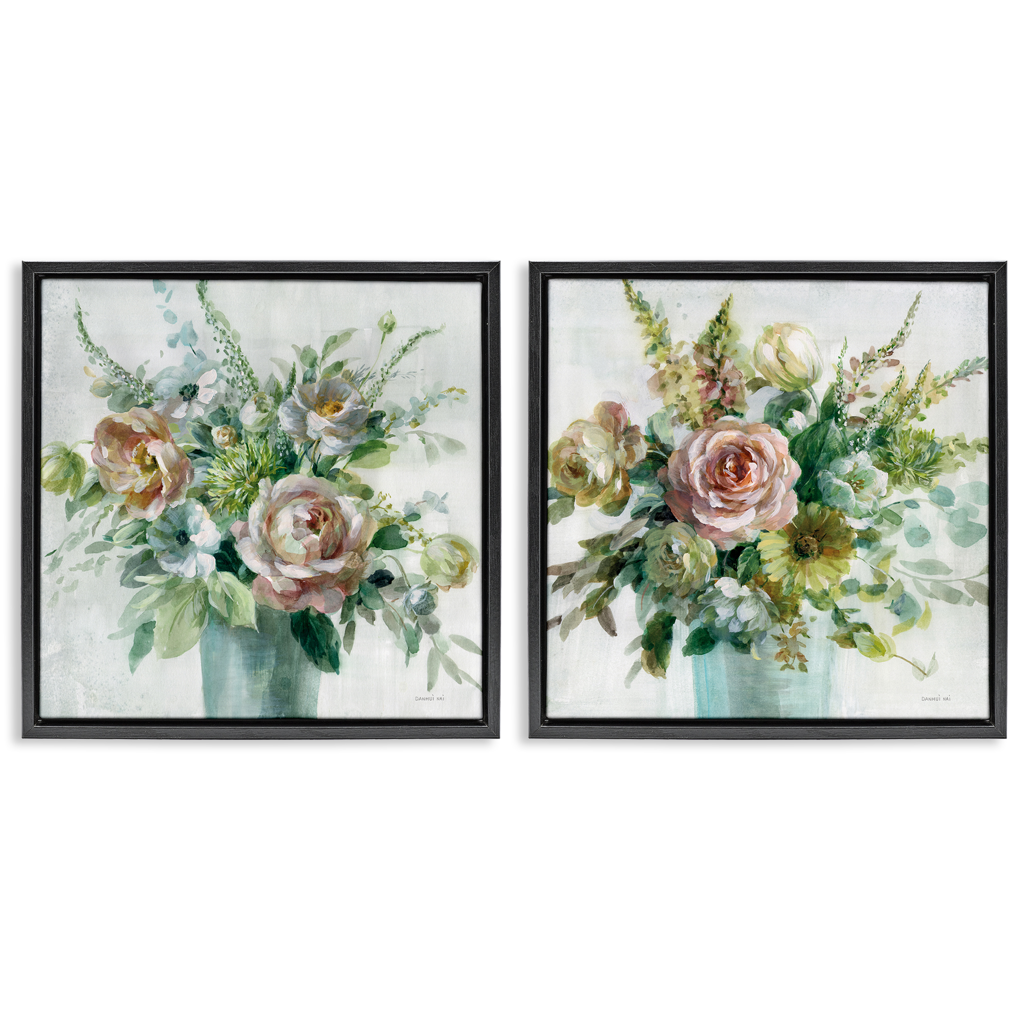 Stupell Industries Sage Peach Still Life Florals Plants & Flowers Painting Black Floater Framed Canvas Art Print Wall Art, 18 x 18, Set of 2