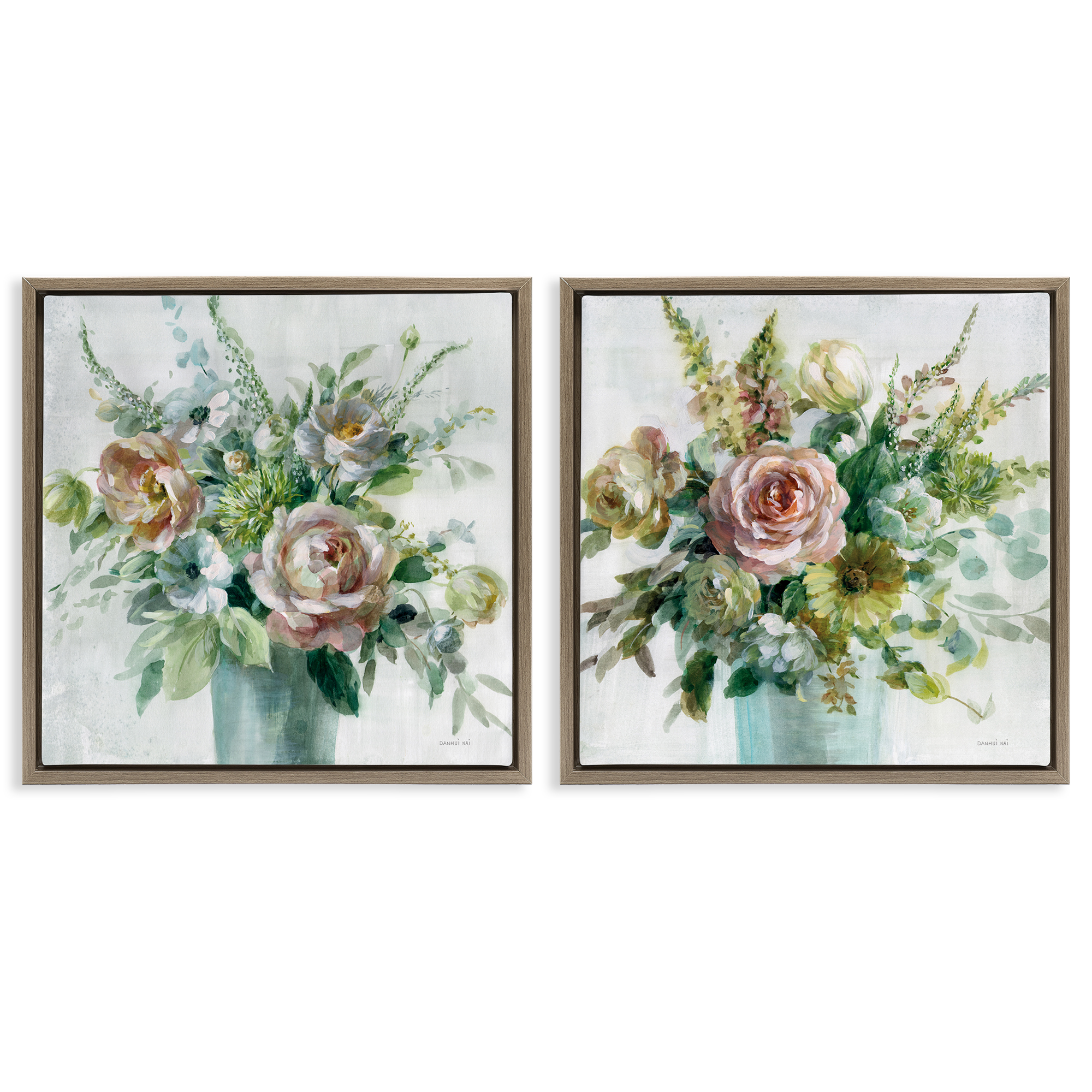 Stupell Industries Sage Peach Still Life Florals Plants & Flowers Painting Brown Floater Framed Canvas Art Print Wall Art, 25 x 25, Set of 2