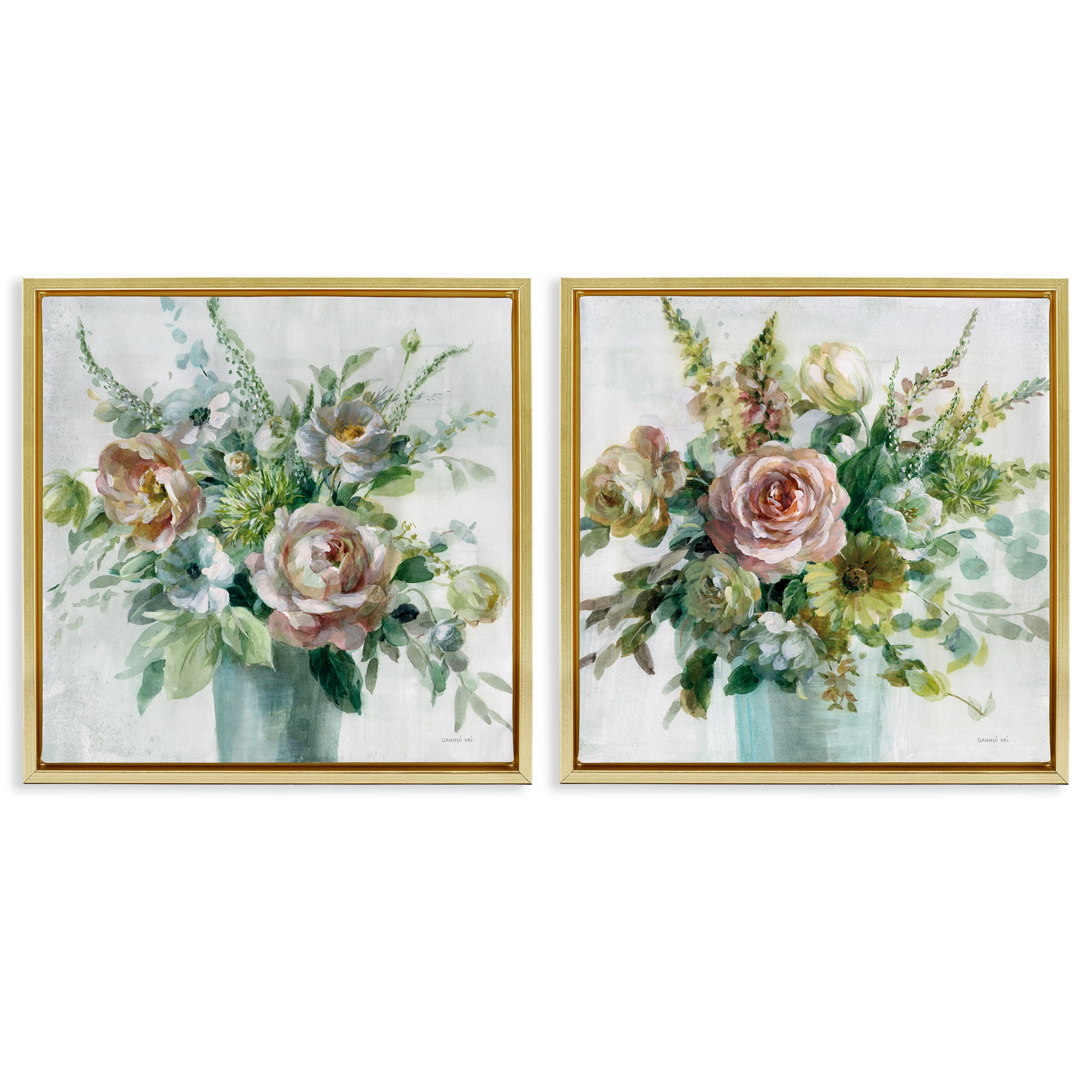 Stupell Industries Sage Peach Still Life Florals Plants & Flowers Painting Gold Floater Framed Canvas Art Print Wall Art, 25 x 25, Set of 2