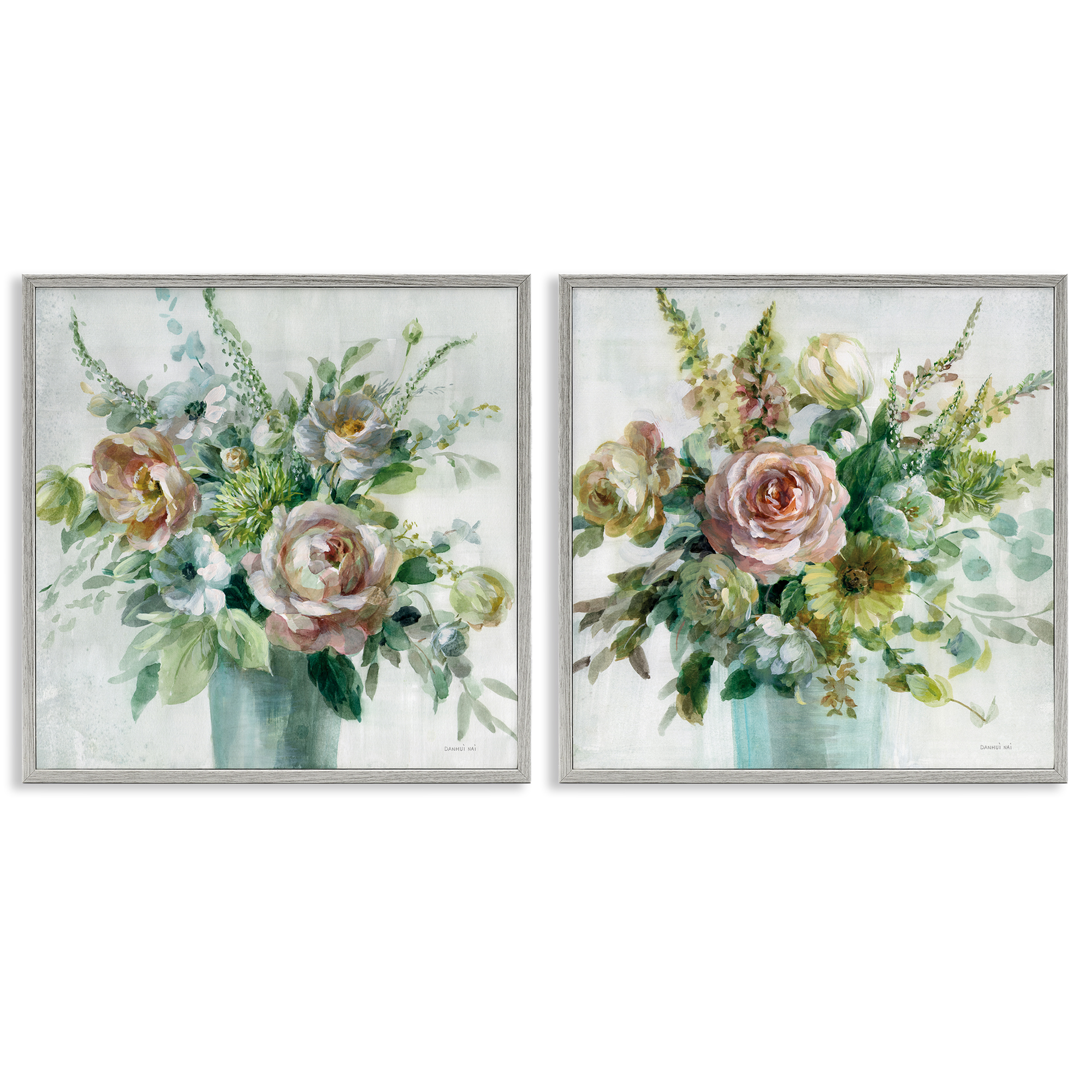 Stupell Industries Sage Peach Still Life Florals Plants & Flowers Painting Gray Framed Art Print Wall Art, 12 x 12, Set of 2