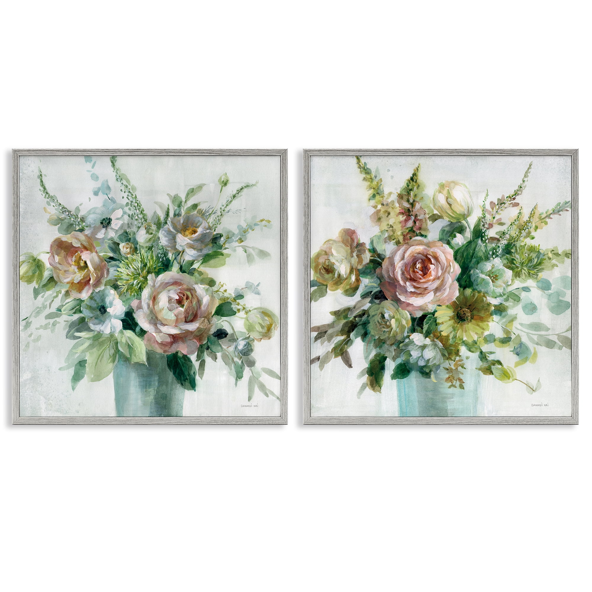 Stupell Industries Sage Peach Still Life Florals Plants & Flowers Painting Gray Framed Art Print Wall Art, 24 x 24, Set of 2