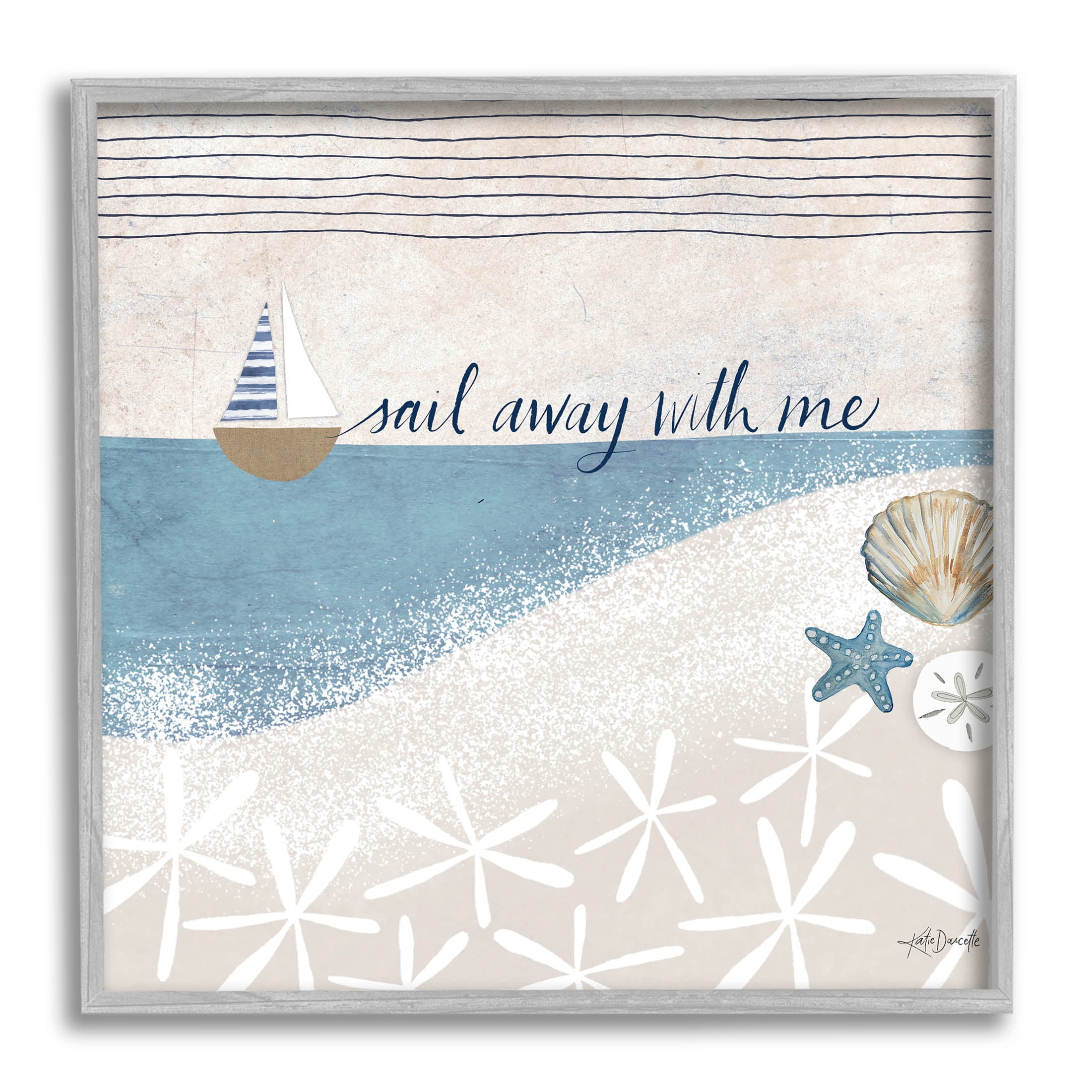 Stupell Industries Sail Away With Me Patterned Beach Graphic Art Gray Framed Art Print Wall Art, Design by Katie Doucette