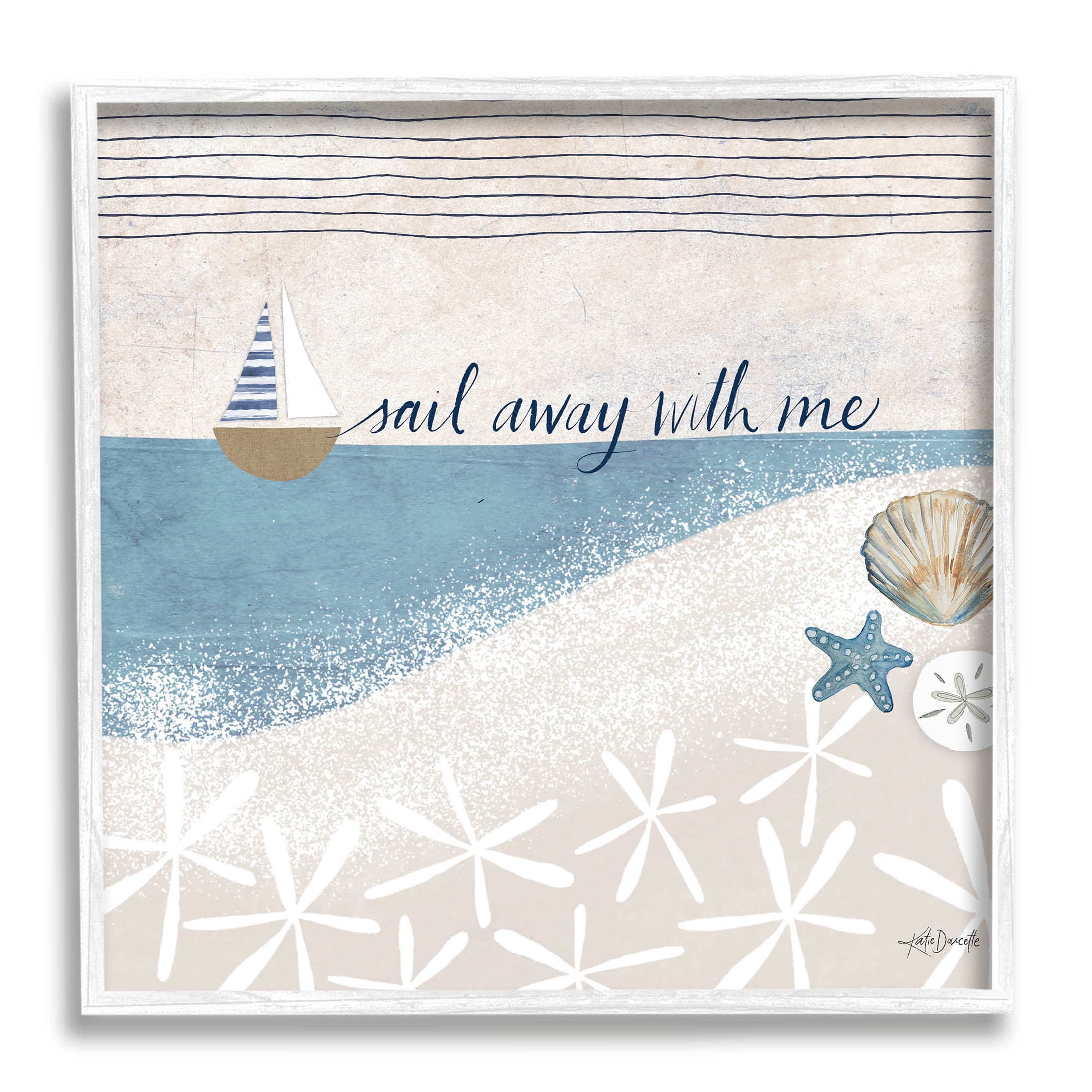 Stupell Industries Sail Away With Me Patterned Beach Graphic Art White Framed Art Print Wall Art, Design by Katie Doucette