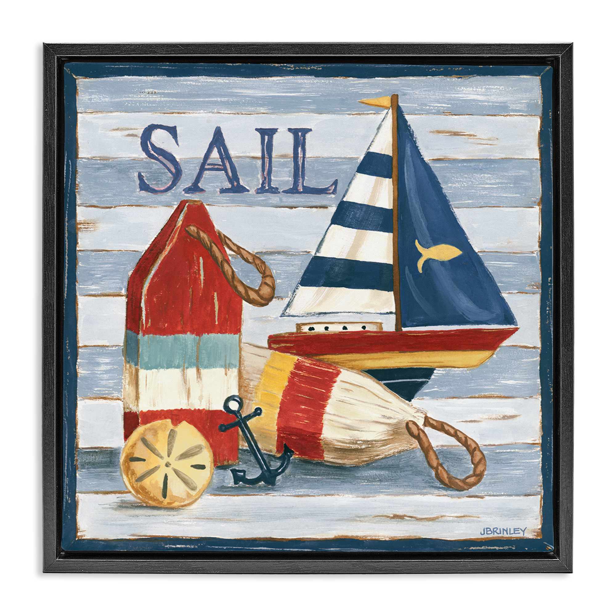 Stupell Industries Sail Boat & Buoys Nautical & Beach Painting Black Floater Framed Canvas Art Print Wall Art, 18 x 18