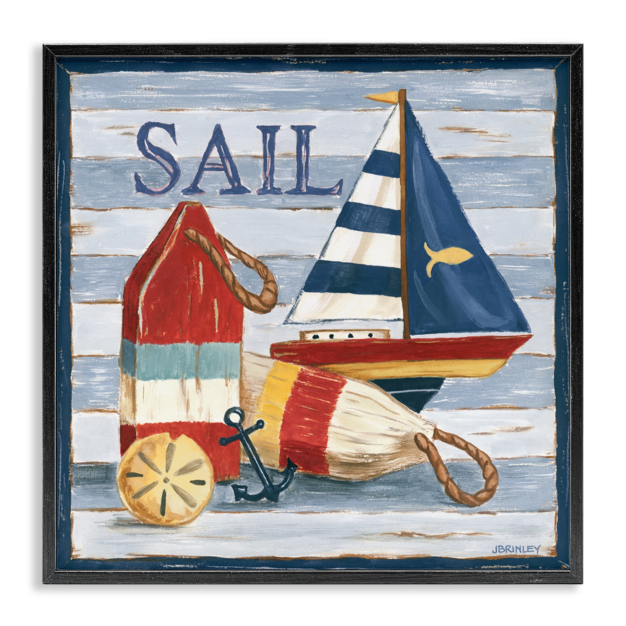 Stupell Industries Sail Boat & Buoys Nautical & Beach Painting Black Framed Art Print Wall Art, 24 x 24