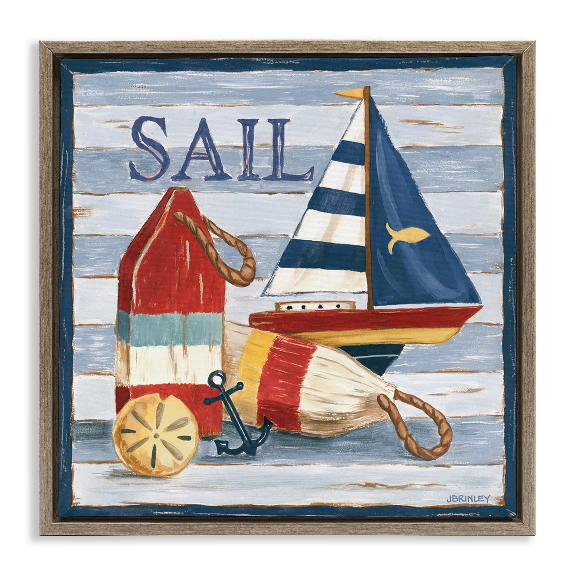 Stupell Industries Sail Boat & Buoys Nautical & Beach Painting Brown Floater Framed Canvas Art Print Wall Art, 18 x 18